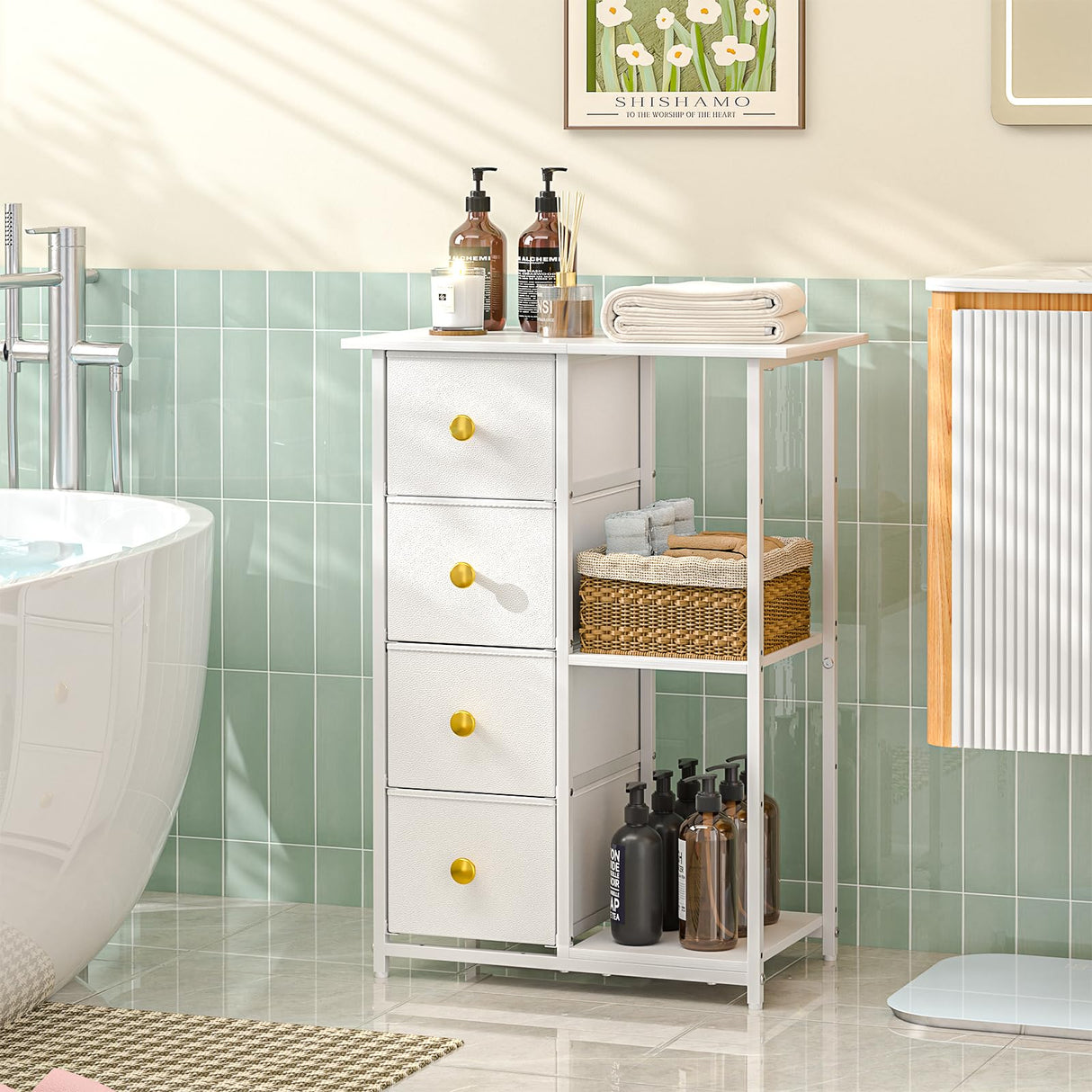 3IngSeagulls Bathroom Storage Cabinet, Bathroom Cabinets Freestanding with 4 Drawers and Adjustable Shelves, 5 Tier Wooden Floor Cabinet, Storage Cabinet for Bathroom, Kitchen, Living Room, White 3IngSeagulls