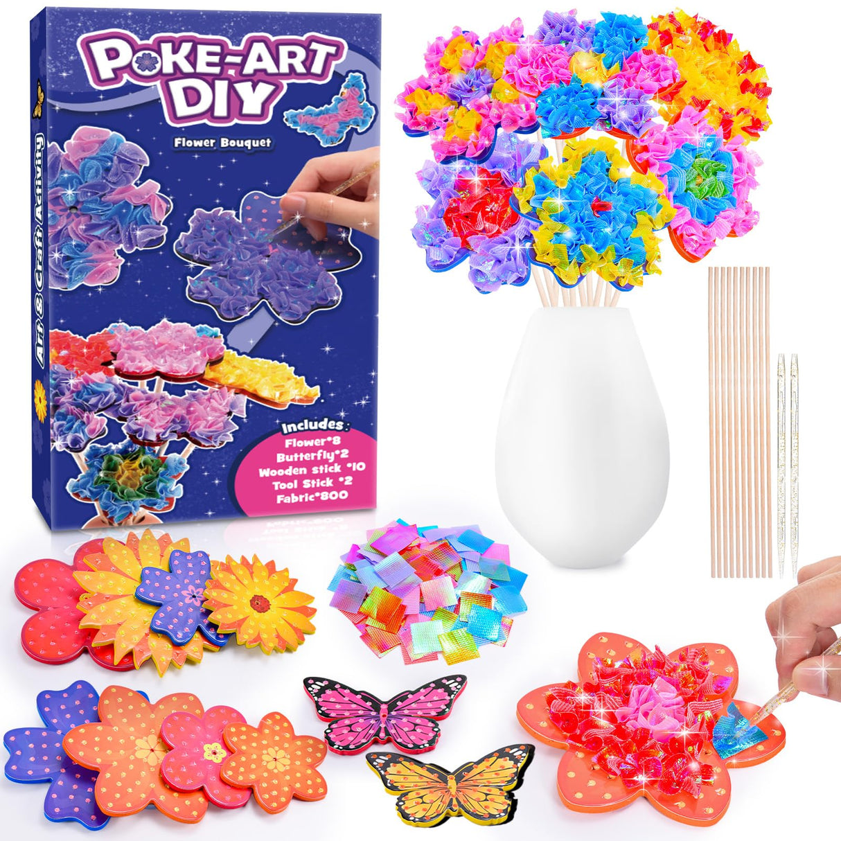 MDINGTD Toys for 4 5 6 7 8+ Year Old Girls, Poke Art Flower Bouquet with 8 Flowers & 2 Butterflies Arts and Crafts for Girls Ages 4-12 DIY Creative Activity Birthday Christmas Gifts Craft Kits MDINGTD
