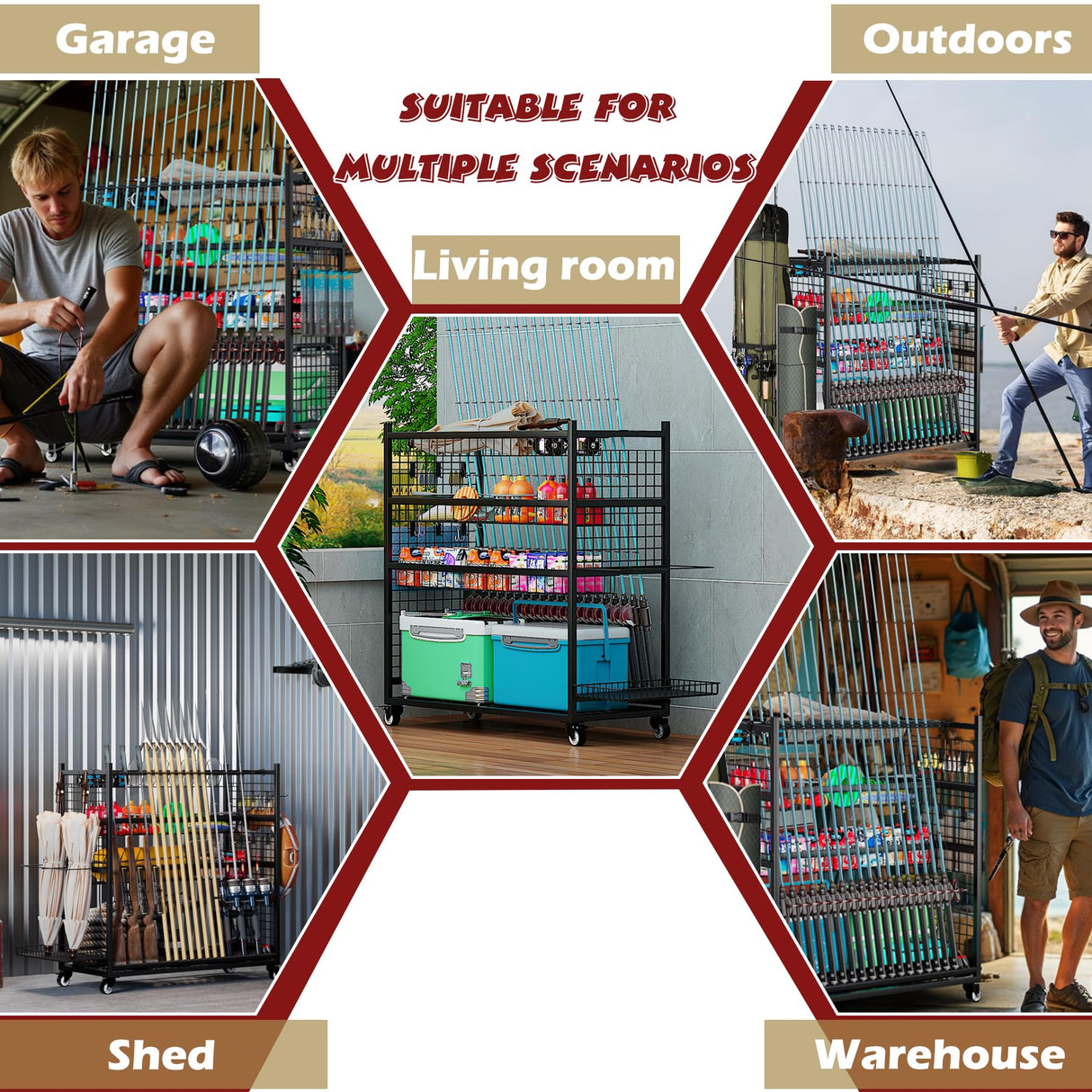 ztysn Fishing Rod Storage With 15 Hooks For Garage, 45.2in Extra Large Fishing Pole Holder Gear Organizer Rack Up To 20 Rods, Tackle Box Reel Storage Cart ztysn