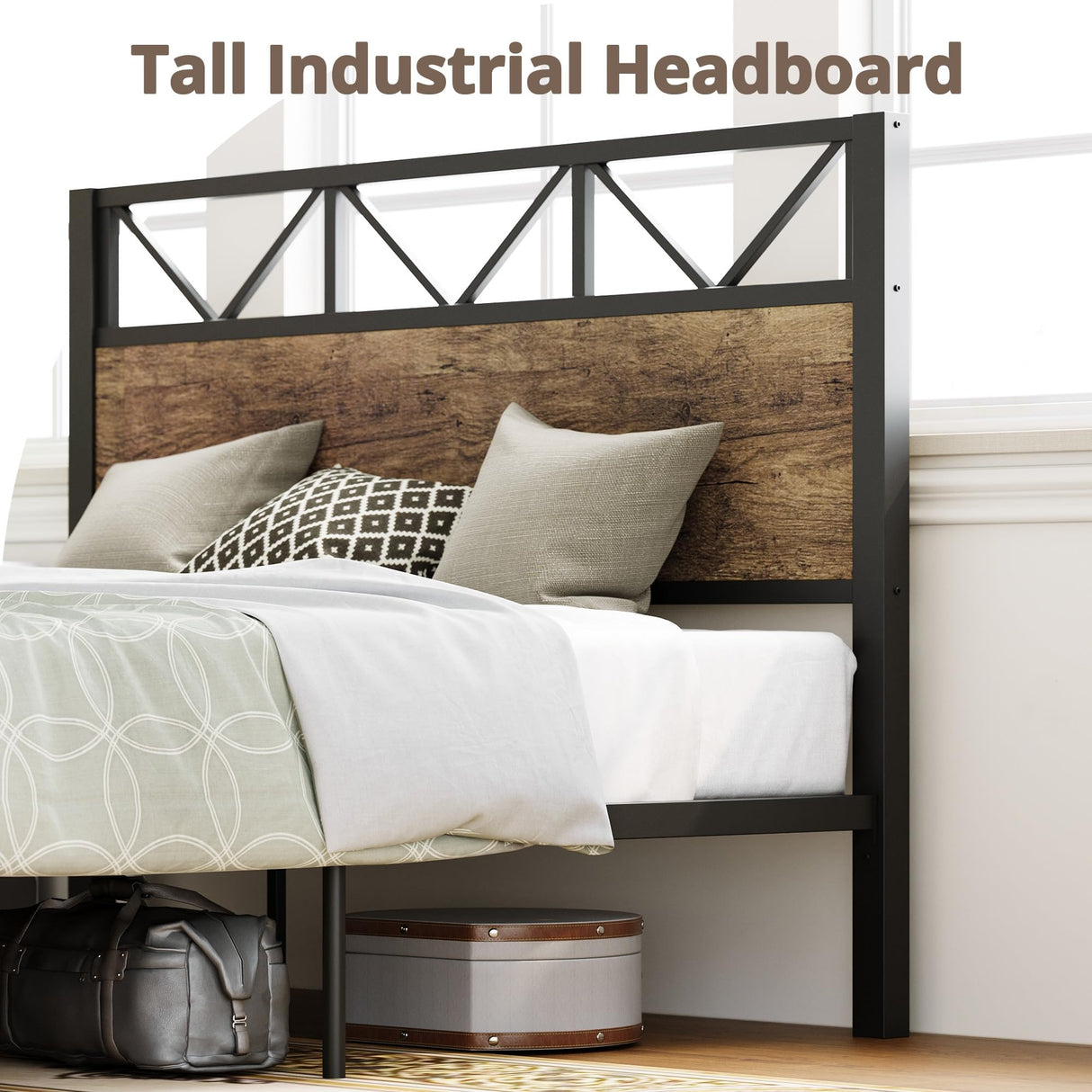 LIKIMIO Queen Bed Frame, Tall Industrial Headboard 51.2 ", Platform Bed Frame with Strong Metal Support, Solid and Stable, Noise Free, No Box Spring Needed, Easy Assembly, Vintage Brown, Rustic Maple LIKIMIO