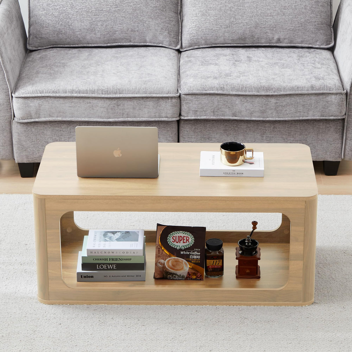 YUCHIATH Coffee Table for Living Room, Farmhouse Coffee Table with 2-Tier Storage, Accent Wood Coffee Table for Living Room (Natural) YUCHIATH