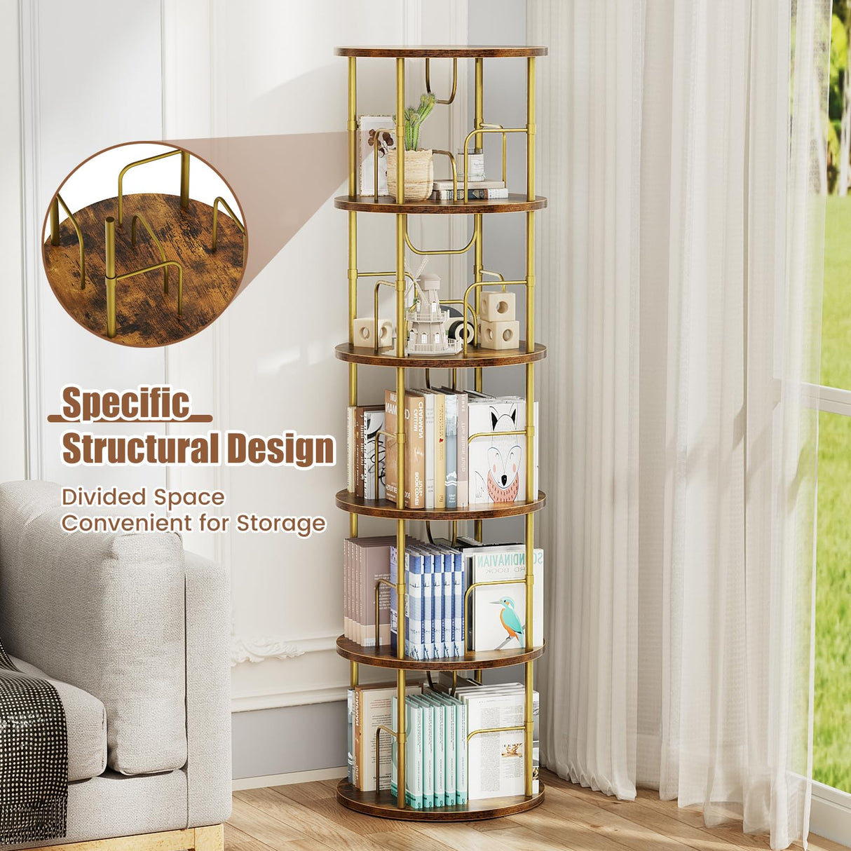 ALLSTAND 5-Tier 360° Rotating Gold Bookshelf - Space-Saving Swivel Bookcase for Stylish Storage ALLSTAND