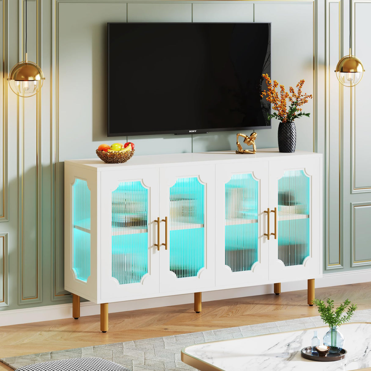 Tribesigns 55" Accent Cabinet with 4 Doors and Shelves, Modern Credenza Storage Cabinet with Acrylic Glass Doors, White Display Cabinet for Living Room, Bedroom, Kitchen, Dining Room, Hallway Tribesigns