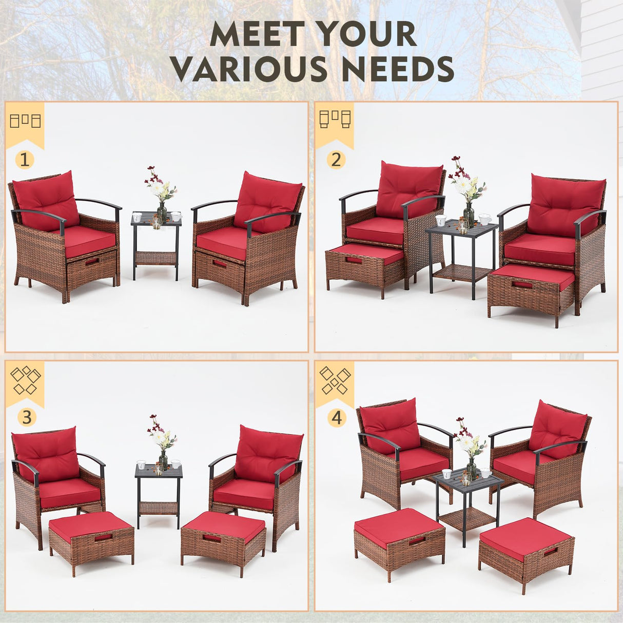 AVAWING 5 Pieces Patio Furniture Set, Outdoor Rattan Chairs with Metal Coffee Table, Ottomans & Soft Cushions, Wicker Conversation Bistro Set for Garden, Porch, Deck, Balcony (Red) AVAWING