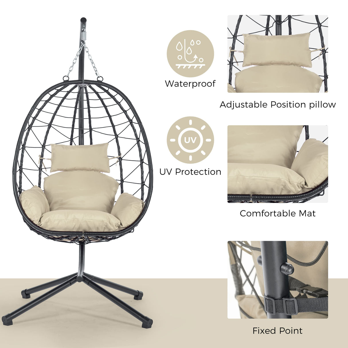 Hanging Egg Chair with Stand Wicker Egg Chair Indoor Outdoor Swing Basket Egg Chairs with UV Resistant Removable & Washable Cushions,350LBS Capacity for Bedroom Porch BRIGHTREE