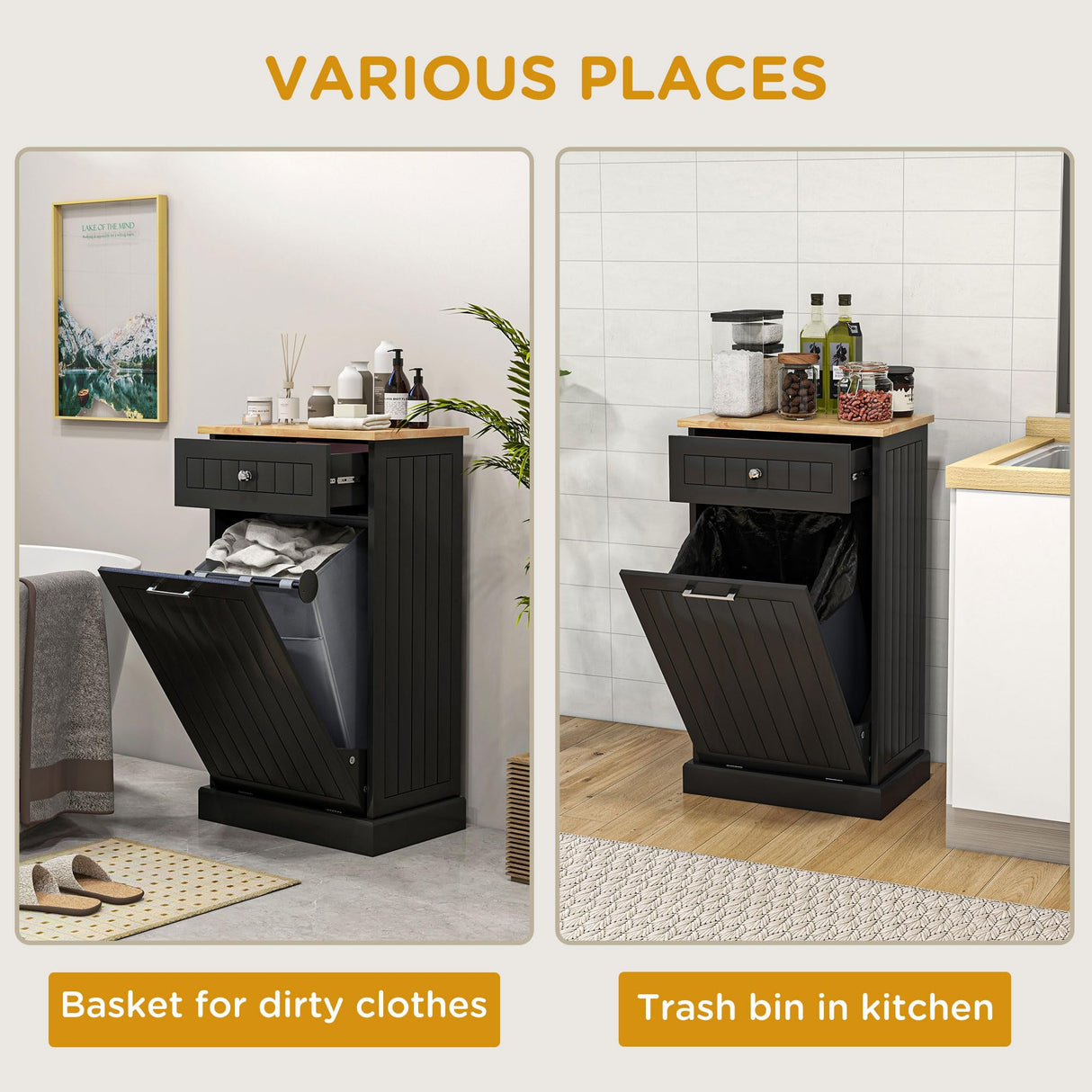 HOMCOM Kitchen Tilt Out Trash Bin Cabinet Free Standing Recycling Cabinet Trash Can Holder with Drawer, Black HOMCOM