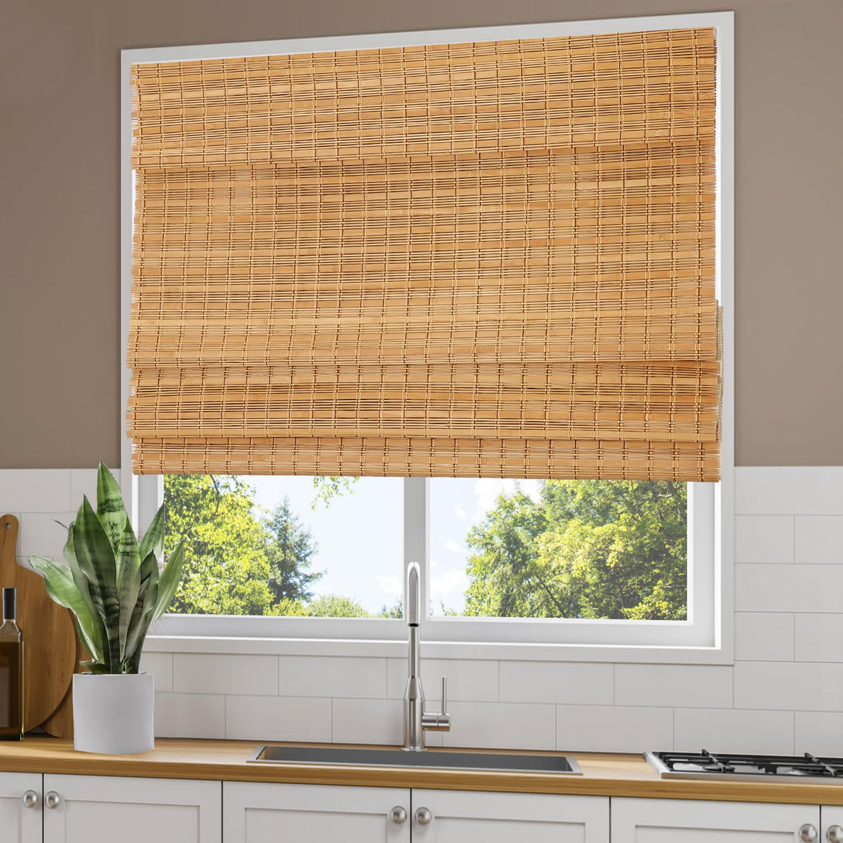 Comzone Blinds Cordless Blackout Bamboo Roman Shades, Easy Installation Natural Woven Wood Shades, Great Privacy Lined Bamboo Blinds for Windows, Camel Comzone Blinds