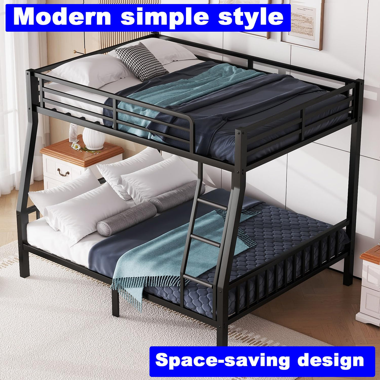 SIMPLEZC Upgraded Version Heavy Duty Thicken Metal Full XL Over Queen Bunk Bed, Stronger Steel Full Over Queen Bunk Bed, Bunkbed Frame Queen Size for Adults, Easy Assembly, Black (Full XL Over Queen) SIMPLEZC