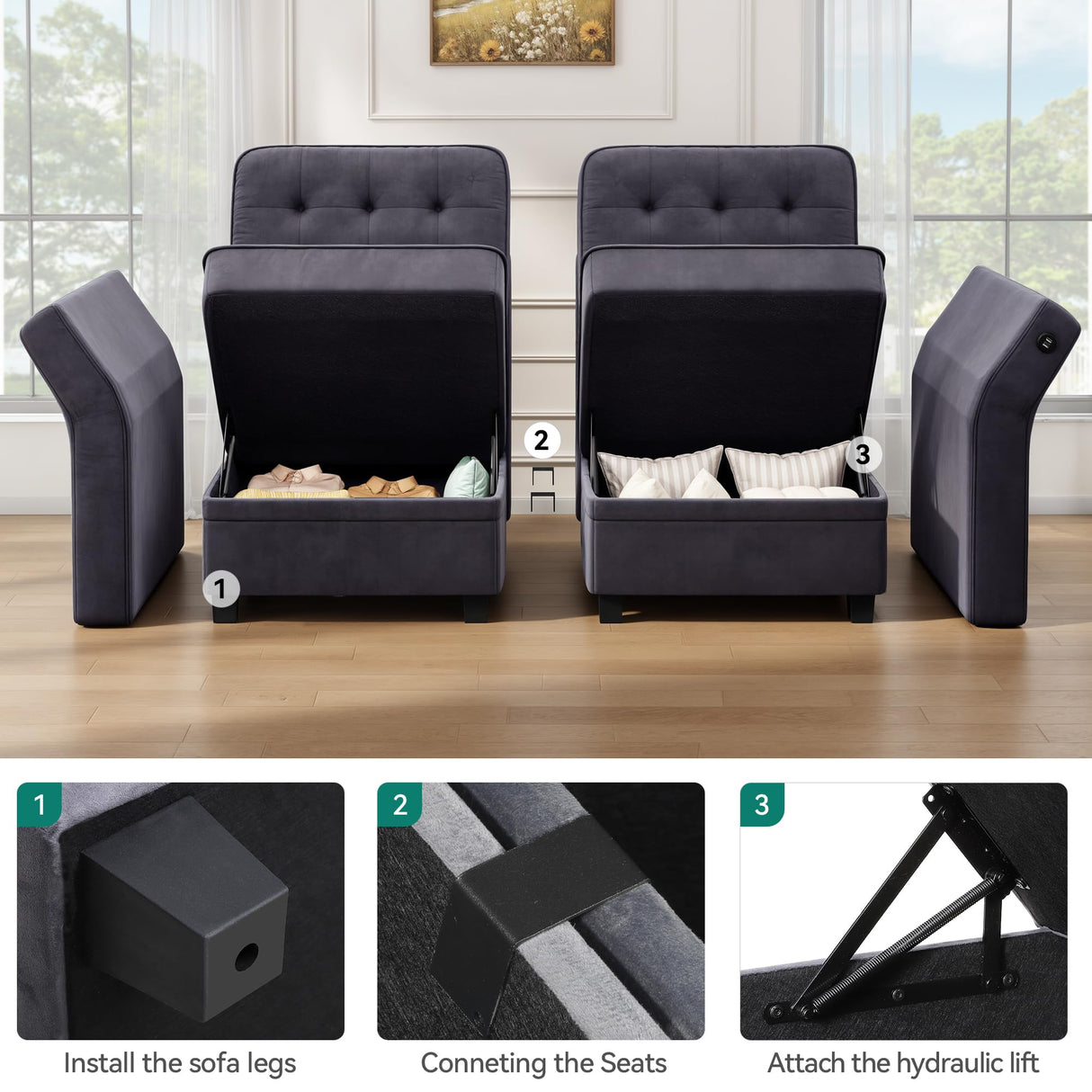 YITAHOME Modular Sectional Sofa, U Shaped Sectional Couch with Reversible Chaise Velvet 6-Seater Convertible Sofa with 3-Position Adjustable Armrests and USB Port, for Living Room (Dark Grey3) YITAHOME