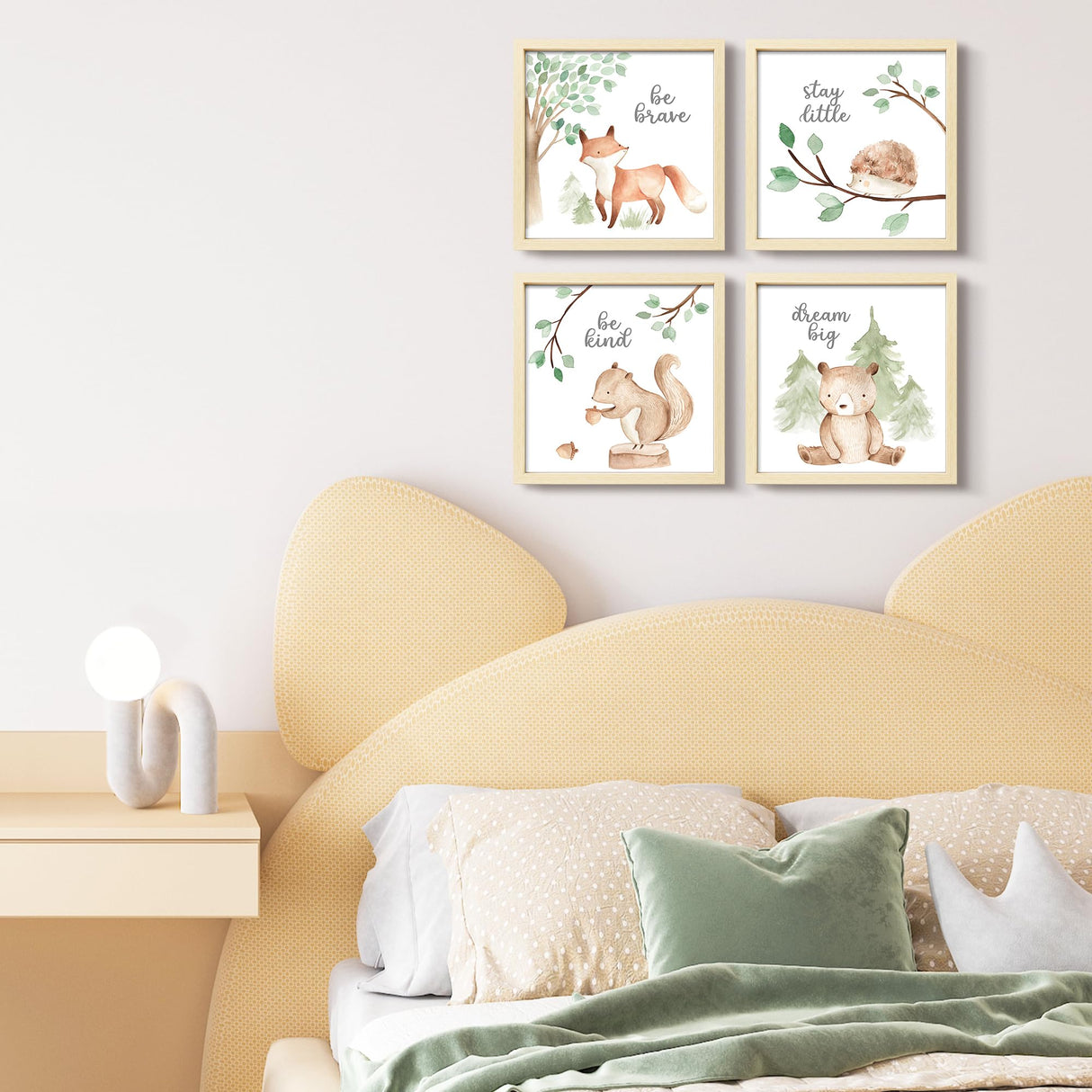 ArtbyHannah Framed Woodland Nursery Cute Wall Decor, 10x10 inch Safari Animals Prints Baby Wall Art with Wood Picture Frames for Kids Playroom Light-Wood Decoration(4 Pack, Fox, Owl, Squirrel, Bear) ArtbyHannah