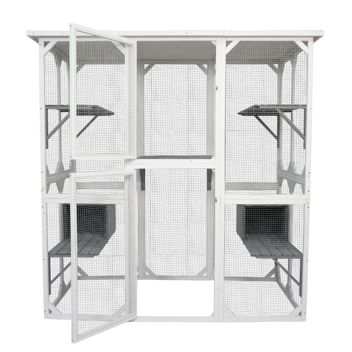 Catio Outdoor Wooden Cat Enclosure, 71" Outdoor Cat House Weatherproof Asphalt Roof, Large Solid Wood Cat Cage with 5 Jumping Platforms & 2 Napping Houses, Walk-in Cat Kennel Condo Shelter White ShiningLove
