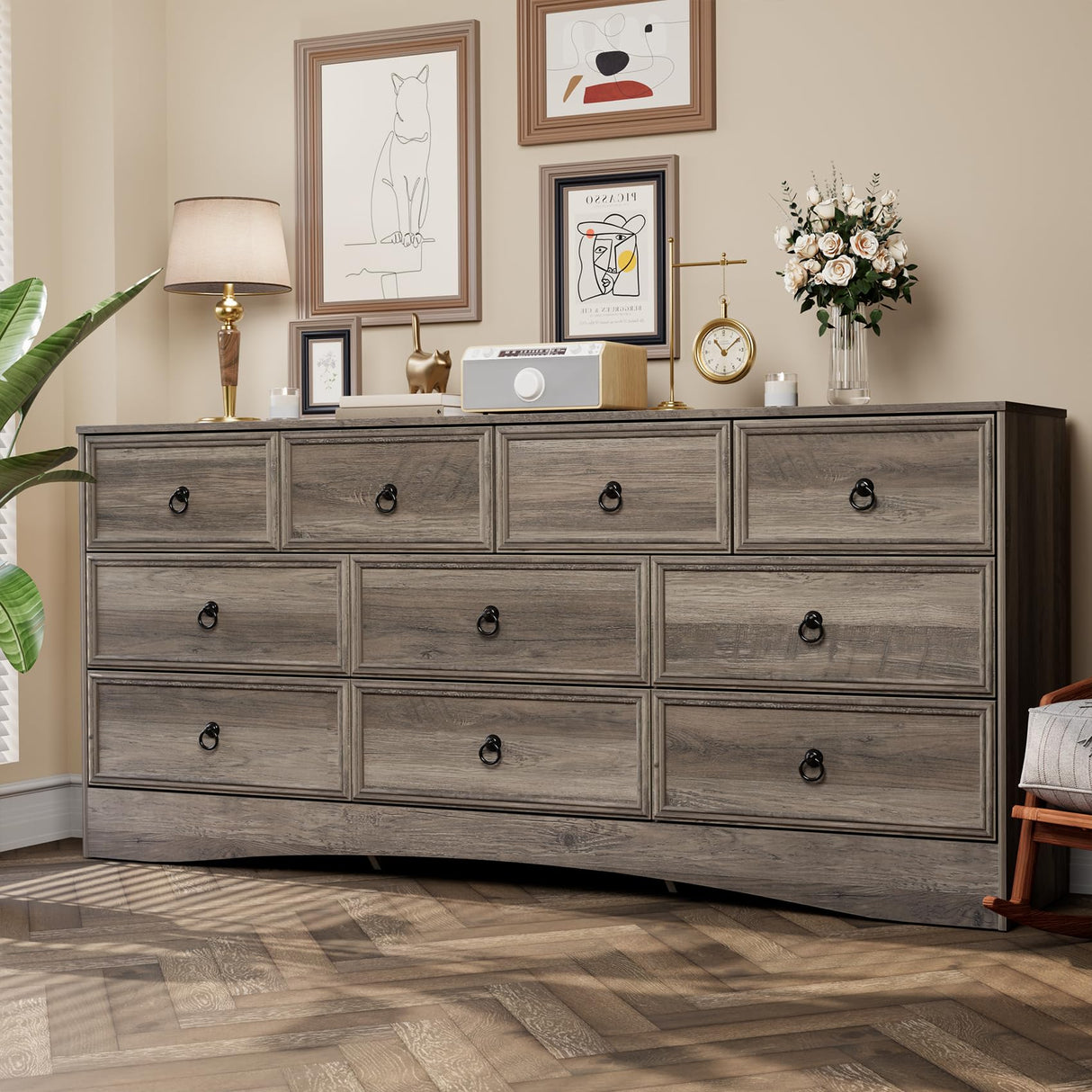 VVFLU Farmhouse 10 Drawer Dresser for Bedroom – 63'' Long Dresser Wood Chest of Drawers,TV Stand for 75 inch TV, Storage Organizer Furniture, Hallway, Entryway, Closet, Brownish Grey VVFLU