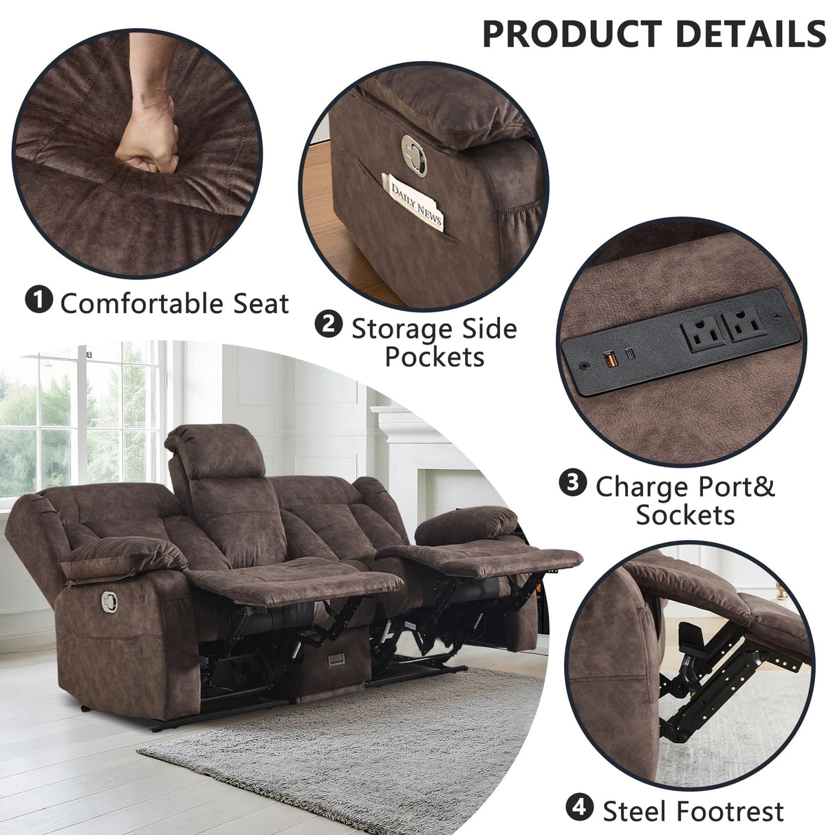 Alukang Loveseat Recliner Sofa, Manual Loveseat Reclining with Console for Living Room, RV Recliner Couch with Cup Holder/AC/USB C/USB and Drawer, Home Theater Velvet Reclining Love seat Couch (Brown) Alukang