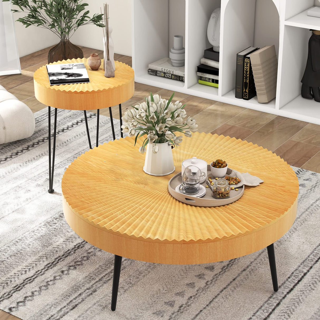 COSTWAY Farmhouse Round Coffee Table Set of 2, Rustic Sofa Side Tea Tables w/Wood Finish, Metal Frame, Adjustable Foot Pads, Nesting End Table Set for Living Room, Bedroom (Radial Pattern) COSTWAY