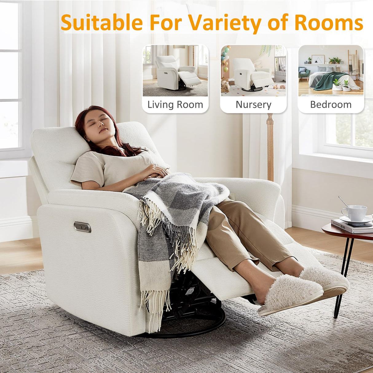 VANOMi Power Recliner Chair Swivel Glider, Electric Rocking Recliner Chairs with USB and Type-C Ports, Nursery Chair Recliner for Living Room, Bedroom, Apartment(White) VANOMi
