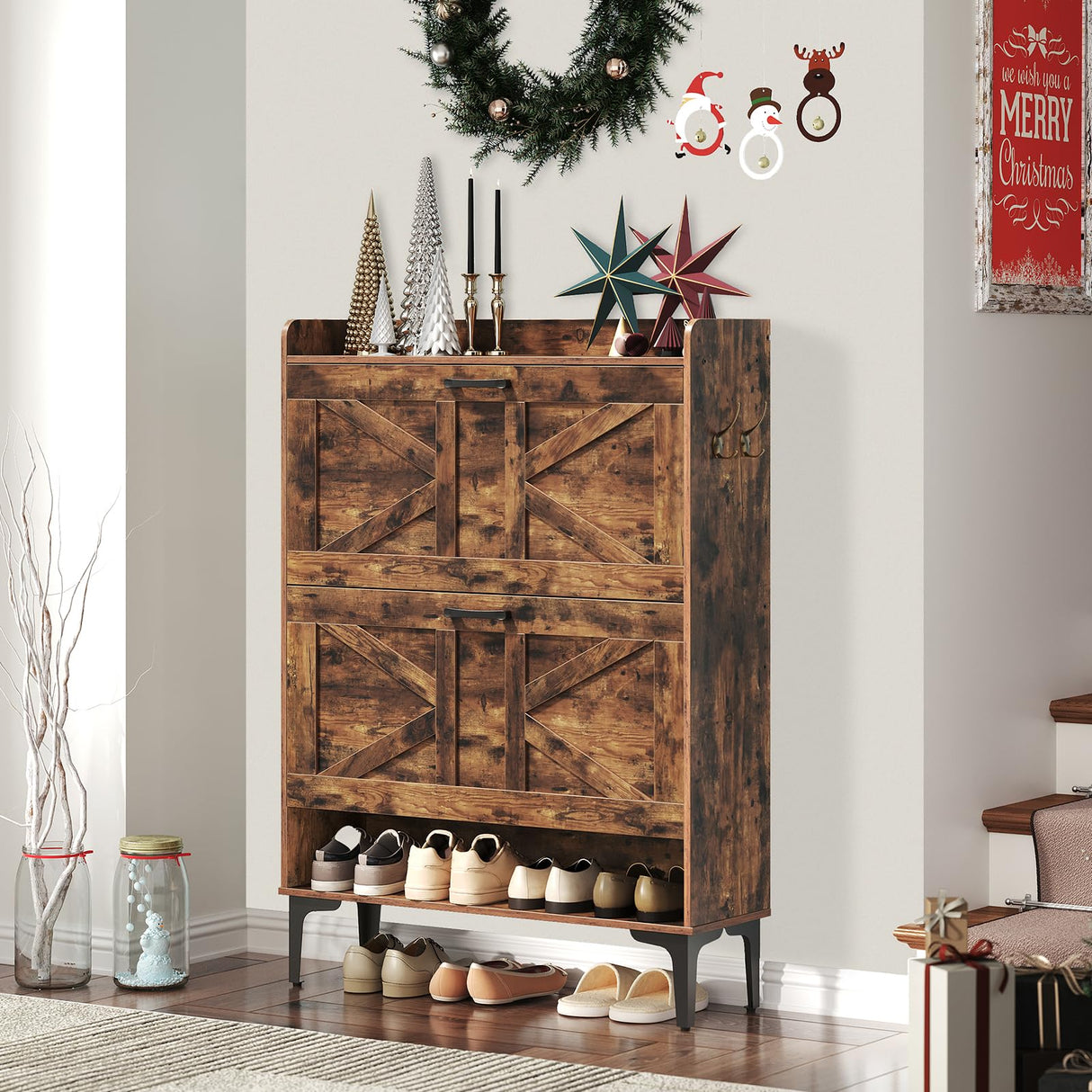 MAHANCRIS Shoe Storage Cabinet, Shoe Organizer with 2 Flip Drawers, Hidden Shoe Storage for Entryway, Freestanding Organizer with Open Storages, Rustic Brown SHHR9401N1 MAHANCRIS