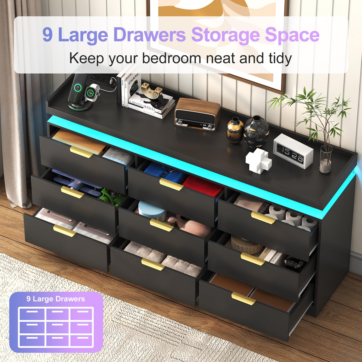 UNIQUITE 9 Drawer Dressers for Bedroom, Black Dresser with LED Light and Power Outlet, Modern Large Dresser & Chests of Drawers, Wood Triple Wide Dressers for Bedroom, Entryway, Hallway UNIQUITE