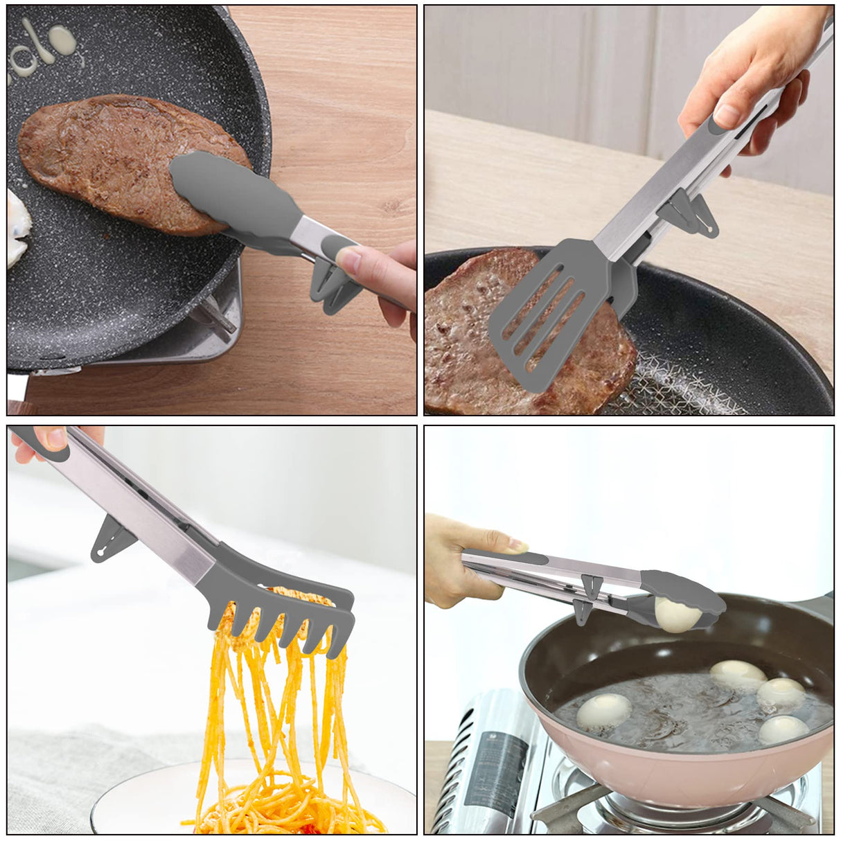 4in1 Stainless Steel Kitchen Food Tongs Set for Cooking with Silicone Tips, Toaster Steak Pie Pizza Pasta Spaghetti Noodles Salad Fruit Vegetable Grill BBQ Buffet Clamp Serving Tools Gadgets Aschef