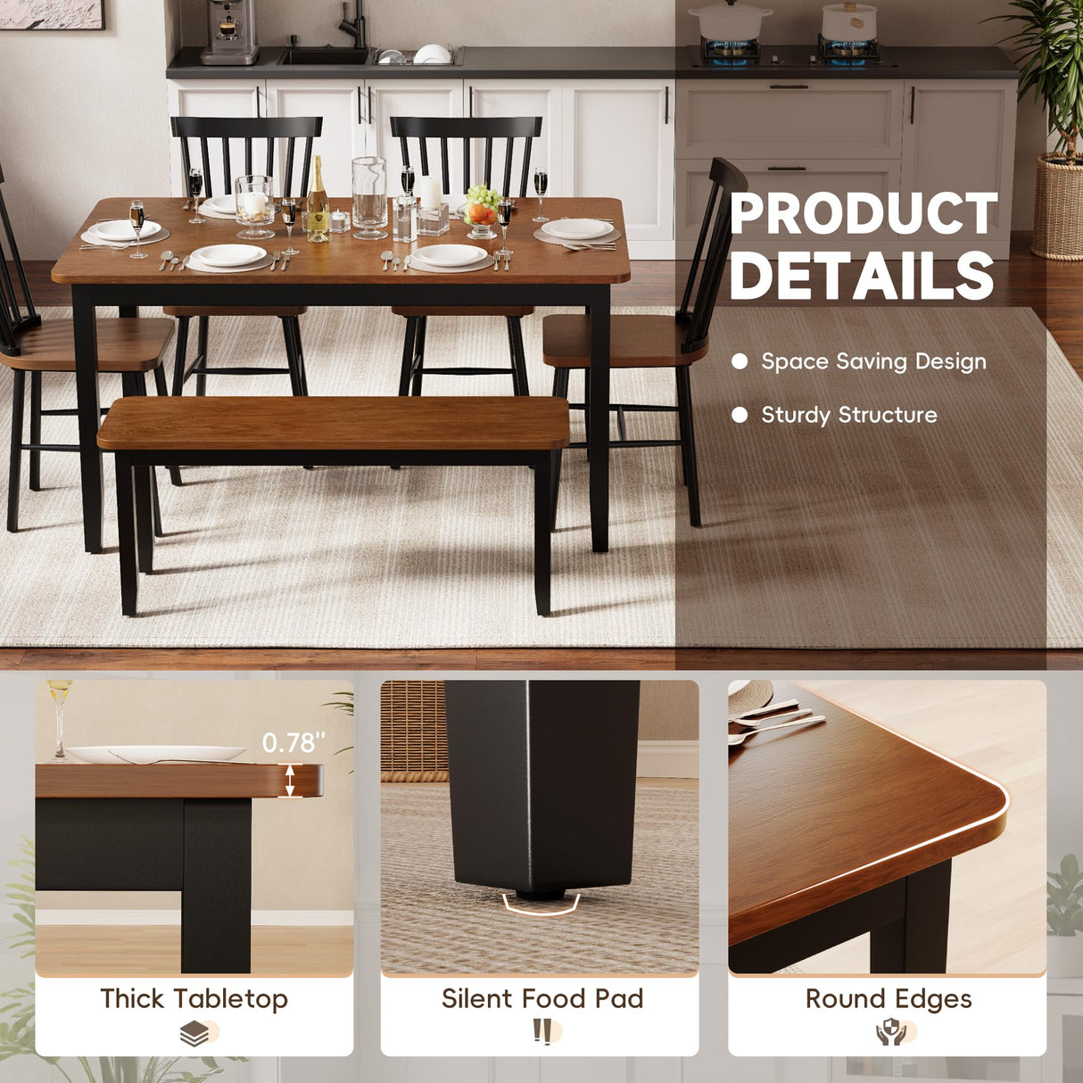 JUMMICO Solid Wood 6 Piece Dining Table Set, Modern 58"/W Kitchen Table Set for 6 with 4 Windsor Chairs & 1 Bench, Kitchen & Dining Room Sets for Kitchen, Restaurant (Brown & Black) JUMMICO