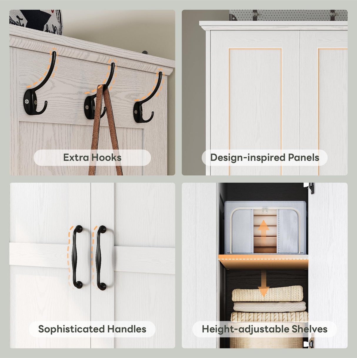 LIKIMIO 3 Doors Armoire Wardrobe Closet with Mirror, 2 Shoe Racks, 70" H Wooden Bedroom Armoires with 2 Drawers and Adjustable Shelves, Freestanding Closet Storage Cabinet with Hanging Rail, White LIKIMIO