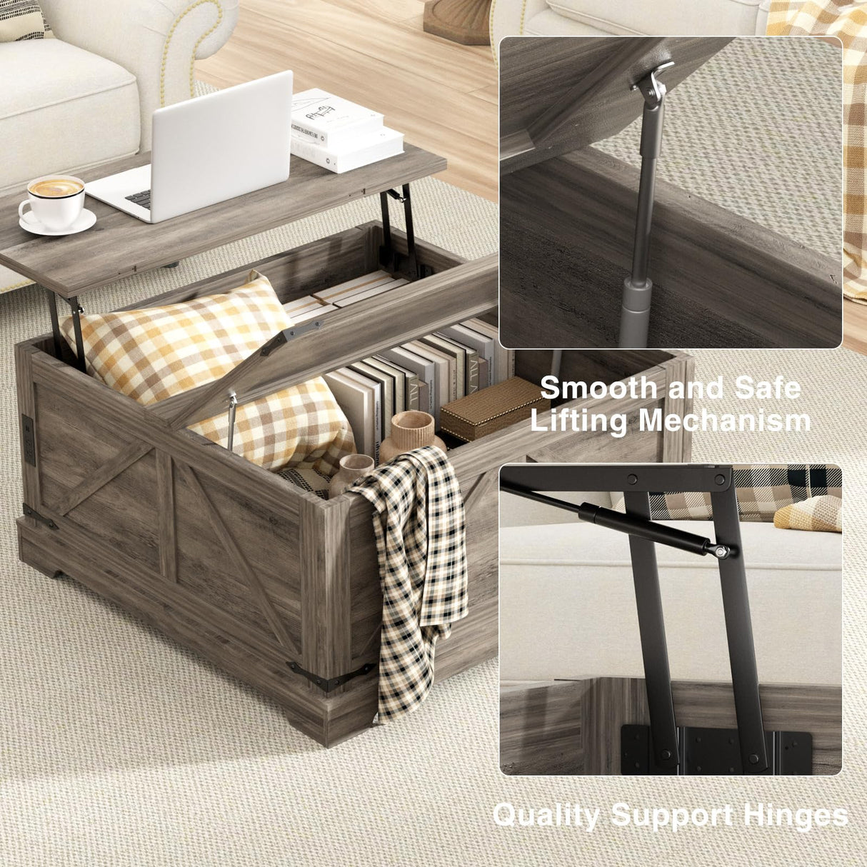 FiveWillowise Coffee Table with Storage, 31.5" W Farmhouse Lift Top Wood Square Center Table with Charging Station, Rustic Cocktail Tables with Flip Top Lids for Living Room, Home Office, Grey FiveWillowise