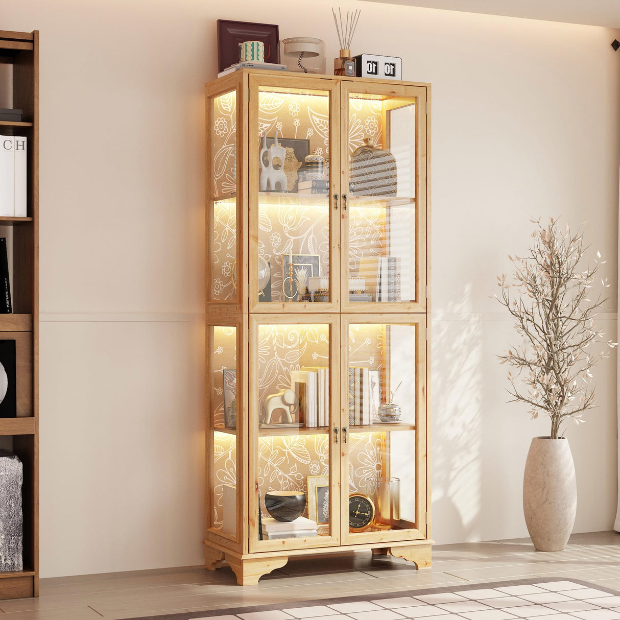 WOODTIME 74.2" H Display Storage Cabinet with 3-Color Lights, Glass Doors & Solid Wood Frame, Curio Cabinet Bookcase Bookshelf with Patterned Backpanel for Living Room Home Office, Light Brown WOODTIME