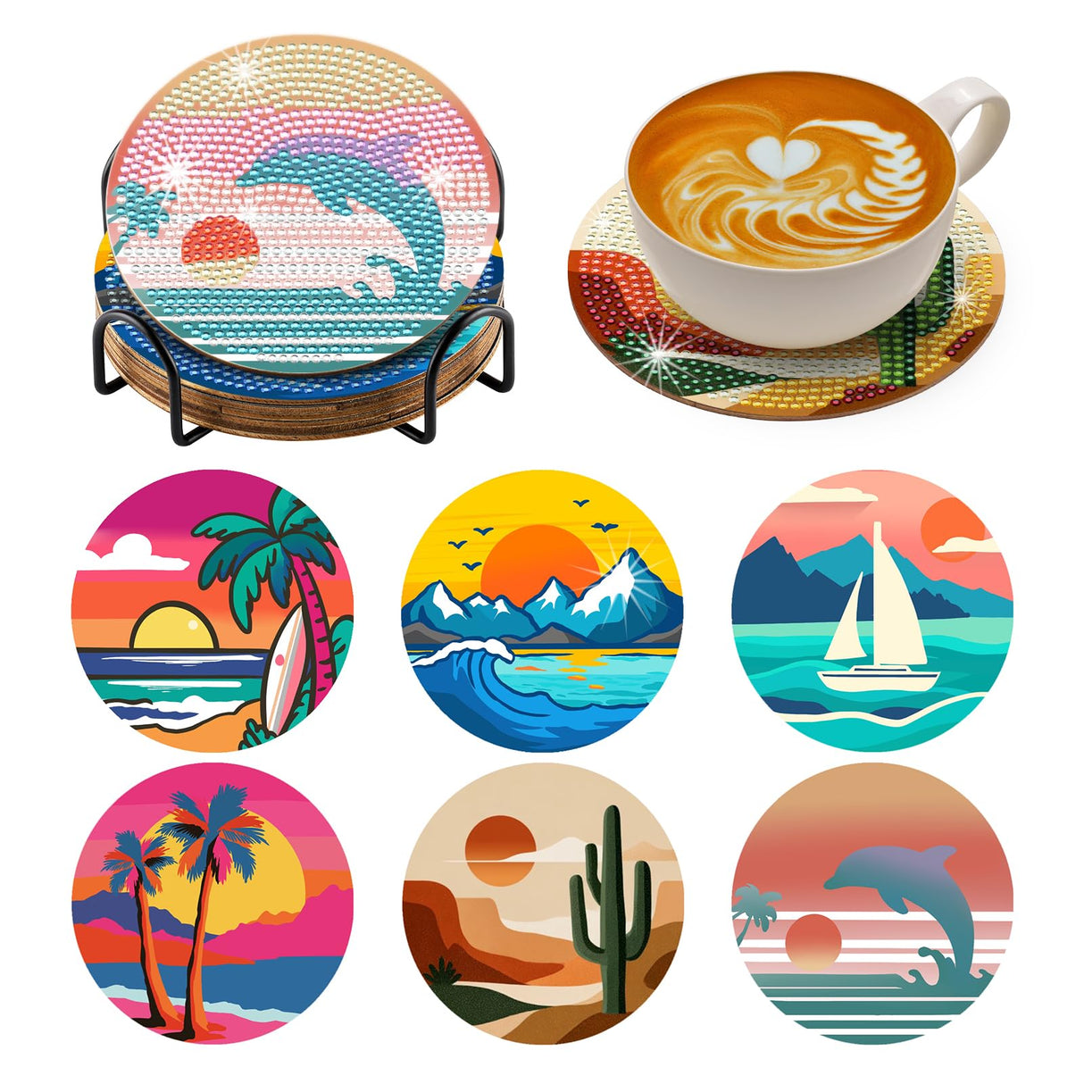 Zynlio Sunset Diamond Paintings Coasters Kits Set with Holder,Diamond Art, DIY Diamond Crafts Coasters for Adults, Diamond Art Painting Kits for Women, Beginners, Diamond Craft Supplies Zynlio