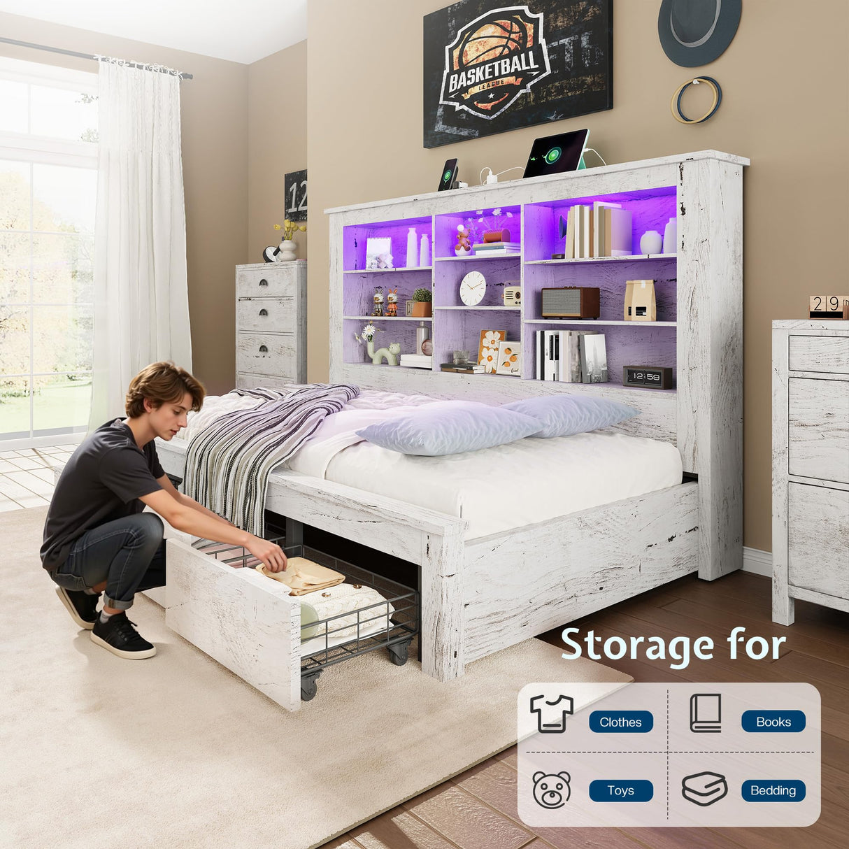 Jocisland Twin Daybed with Bookcase Headboard, USB-C Charging, RGB Lights & 3 Drawers, No Box Spring Needed, Farmhouse Wood Bed Frame for Teens, Dorms, Guest Room, Distressed White Jocisland