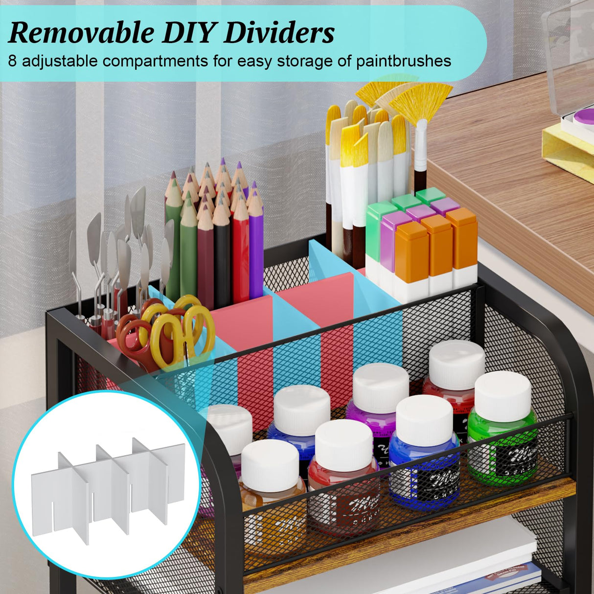 5-Tier Metal Rolling Utility Cart with Drawer, Craft Storage Cart with DIY Divider and Lockable Wheel, Versatile Paint Brush Holder & Paint Organizer & Craft Organizers and Storage for Drawing Room Simple Serenity