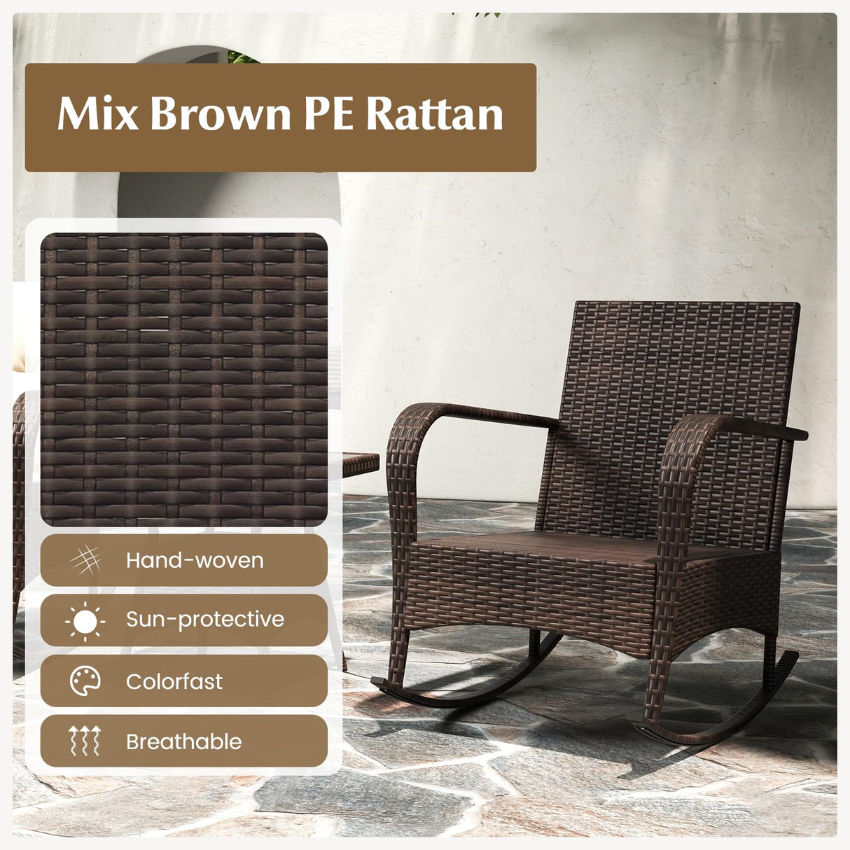 Tangkula 3 Pieces Rocking Bistro Set, Patiojoy Outdoor PE Rattan Rocker Chairs with Removable Cushions & Tempered Glass Top Coffee Table, Outdoor Wicker Furniture Set for Porch, Garden (Brown) Tangkula