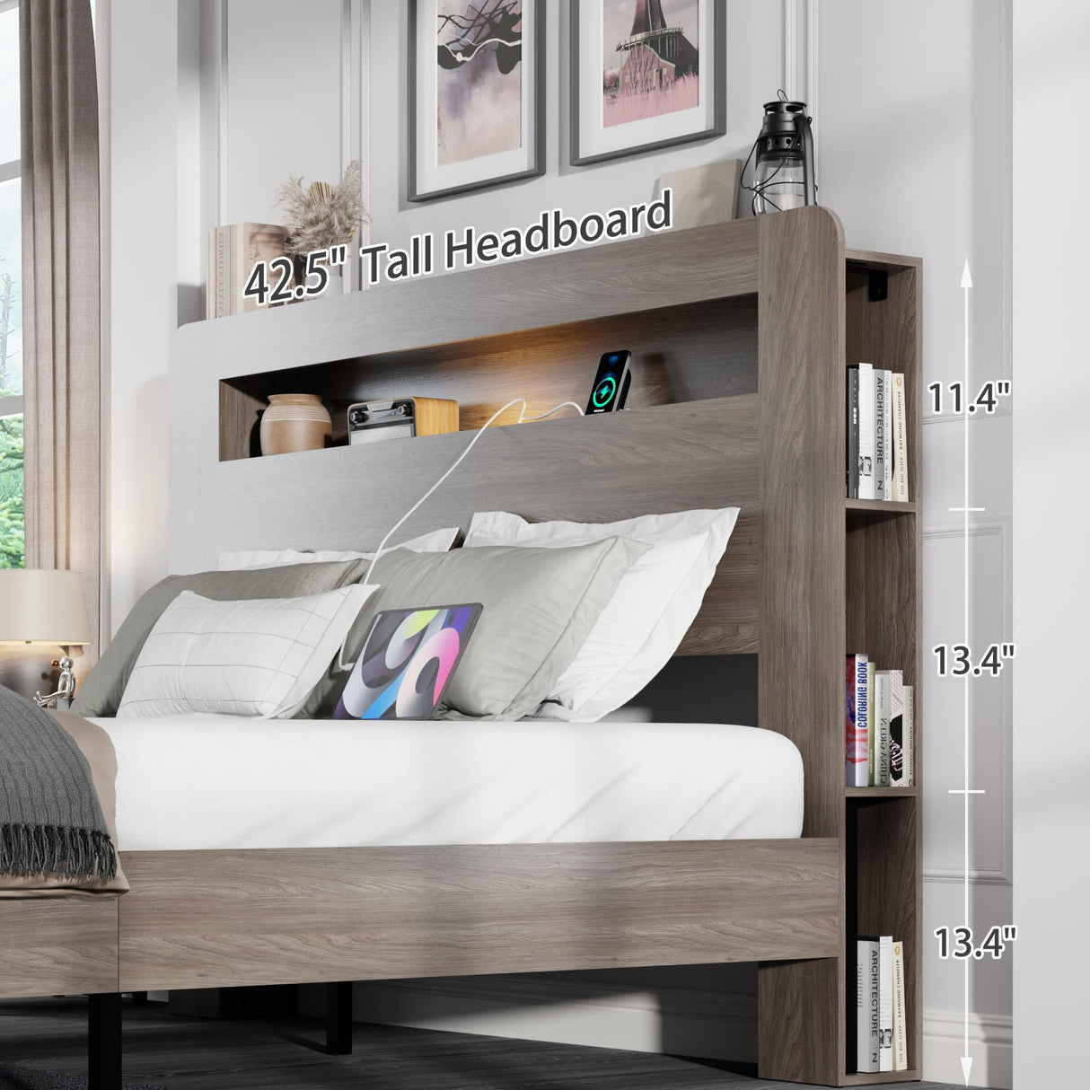 Queen Size Wooden Bed Frame with Bookcace Storage Headboard, Rustic Farmhouse Bedframe with LED Lights and Charging Station, Sturdy and Stable, Slat Support, No Box Spring Required (Light Brown) PAUKIN