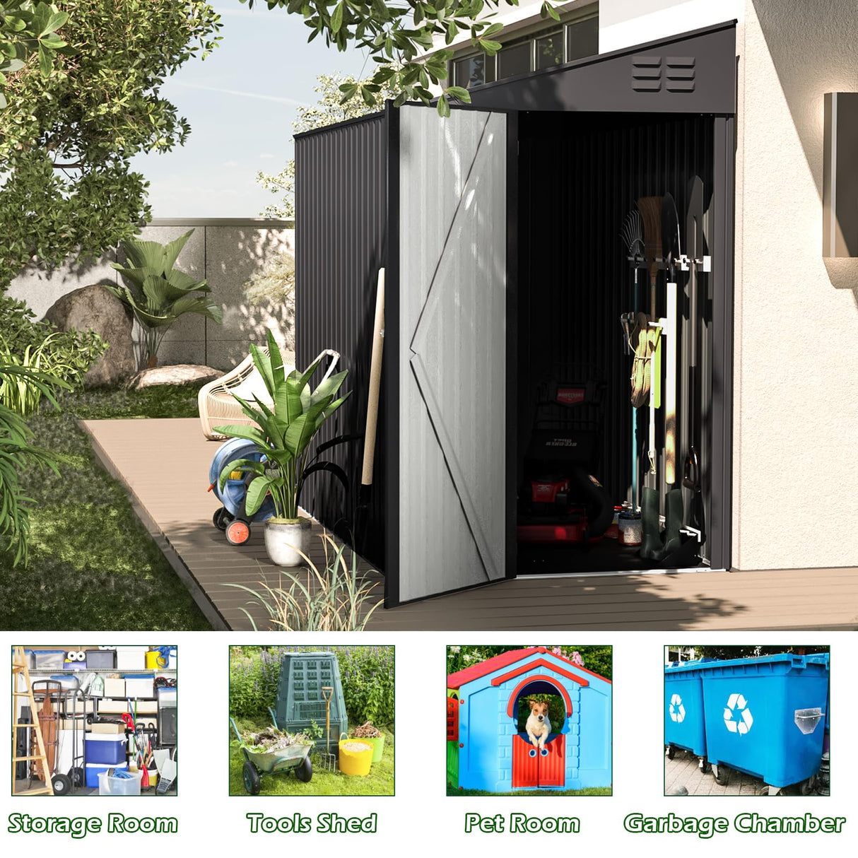 AECOJOY 4' x 6' Lean to Shed, Small Metal Outdoor Storage Shed, Wall Side Sheds & Outdoor Storage Cabinet Clearance, Bike Shed for Garden, Backyard and Outdoor Use in Dark Grey AECOJOY