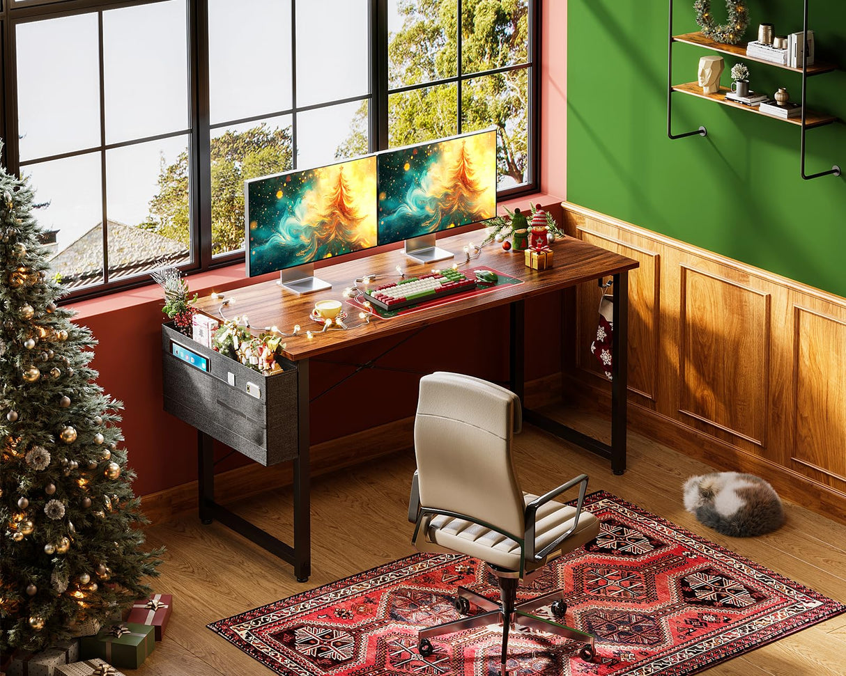 ODK Computer Desk Large Office Desk, 48 Inch Gaming Desk with Storage, Modern PC Desk Work Table with Headphone Hook for Home Office, Deep Brown ODK