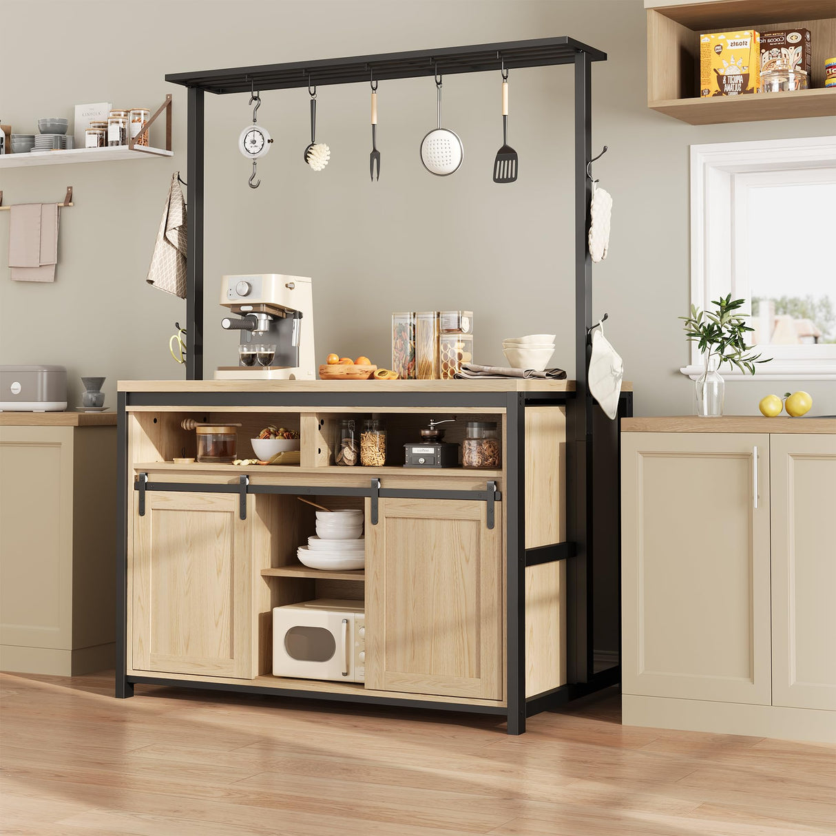 IDEALHOUSE 42'' Sliding Barn Door Kitchen Island with Storage, Multi-Functional Dining and Living Room Cabinet IDEALHOUSE