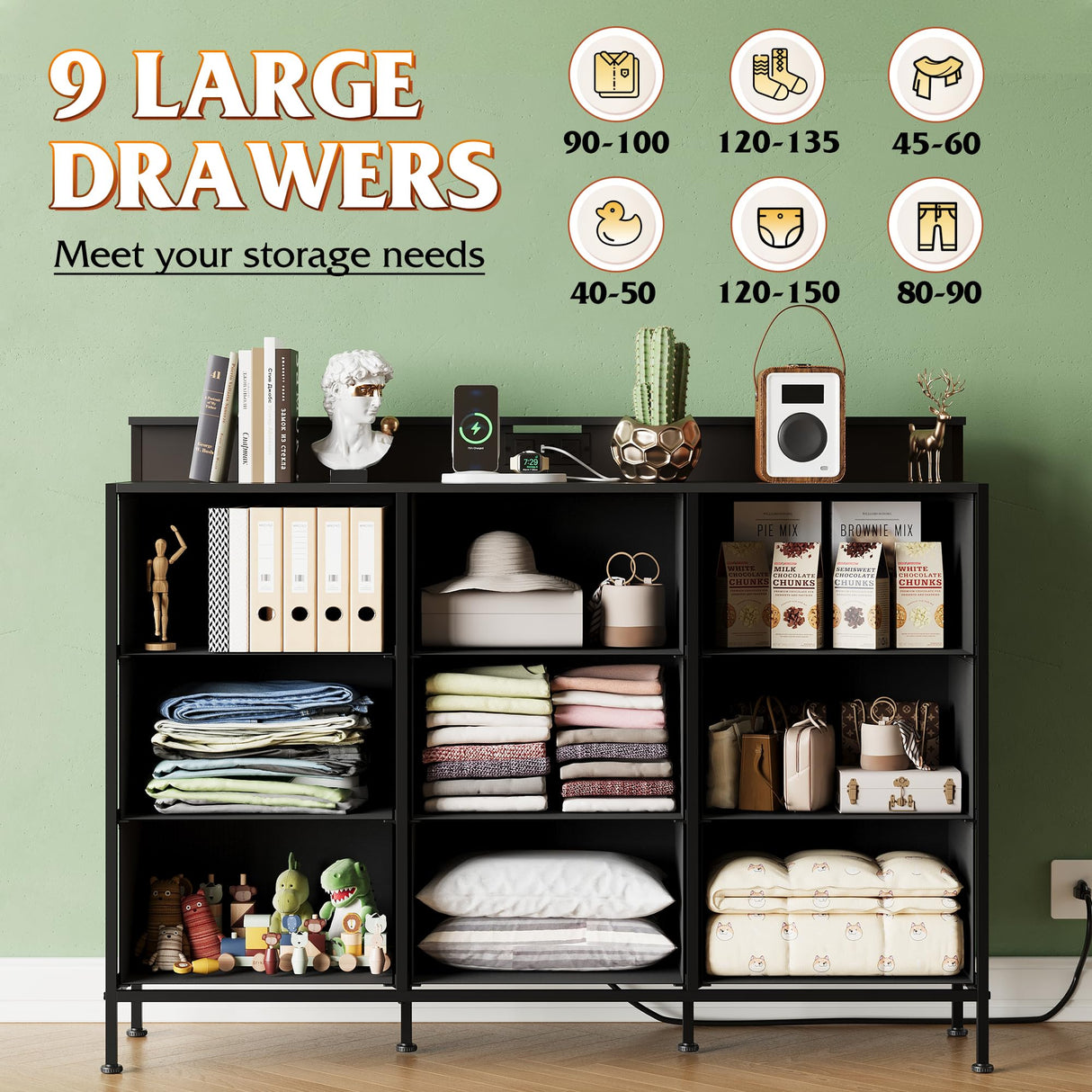 WLIVE Black Dresser TV Stand for 50, 55 inch, Led Dresser for Bedroom, Chest of Drawers with LED Lights, Charging Station, Clothes Storage with 9 Drawers, Wood Top, Living Room, Closet WLIVE