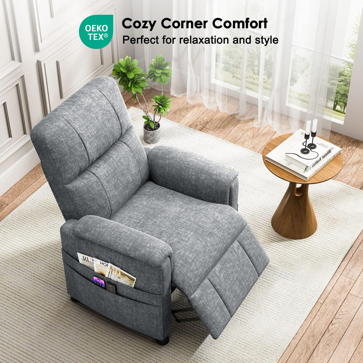 Power Recliner Chair for Adults, Adjustable Modern Chenille Reclining Chair with Side Pockets, Remote, Footrest, Thick Seat Cushion for Home Theater, Living Room & Bedroom, RV (Light Grey) AMADA HOMEFURNISHING