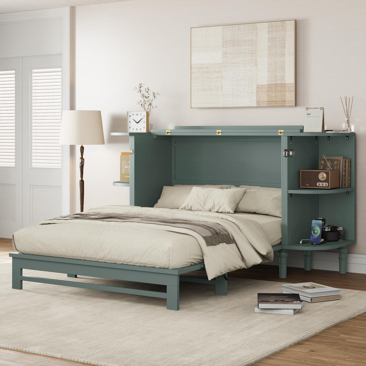 VilroCaz Farmhouse Queen Size Murphy Bed Chest Cube Cabinet Bed with Charging Station and 2 Open Shelves, Solid Wood Folding Platform Bed for Home Office Guest Room Small Room (Venus Teal, Queen) VilroCaz