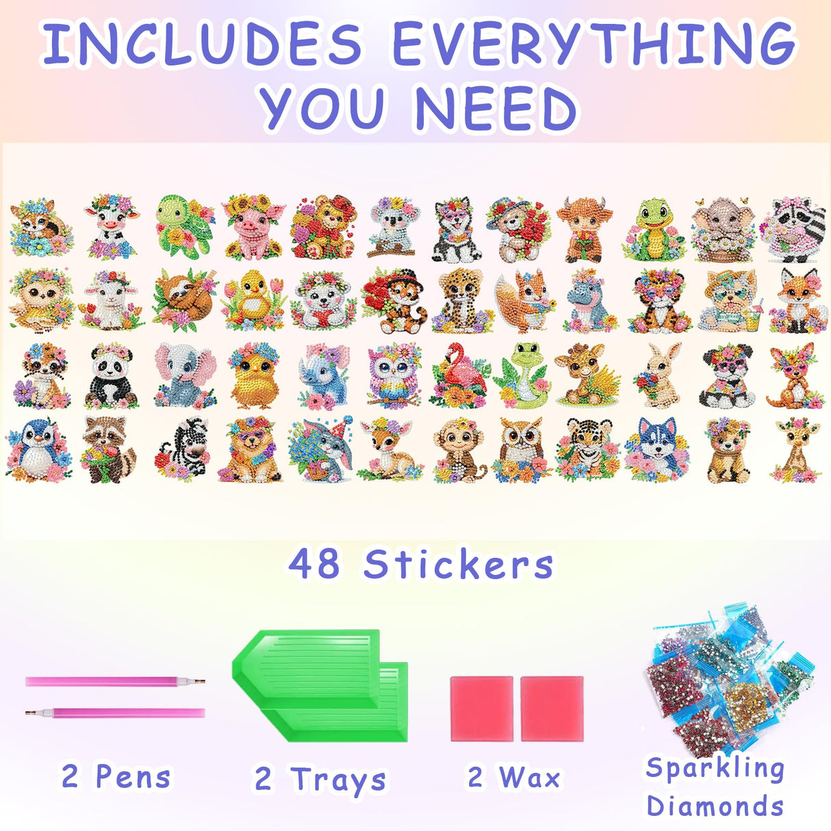 xackcme 48 Pcs Diamond Art Painting Sticker Kits for Kids, Animal Diamond Gem Stickers Kit, 5D Animals Gem Art Stickers Mosaic for Kids Gift for Boys Girls 4-8-10-12 Years Old xackcme