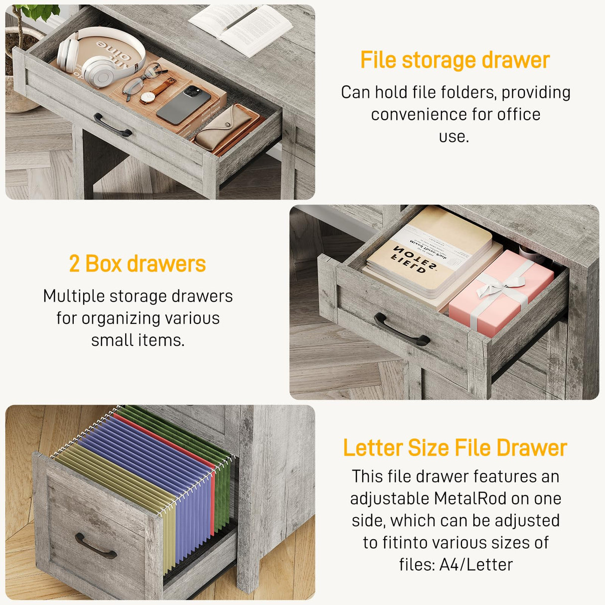 Halitaa Farmhouse 47" Executive Desk, Computer Desk with File Drawer and Charging Station, Workstation for Home Office, Study.Grey Halitaa