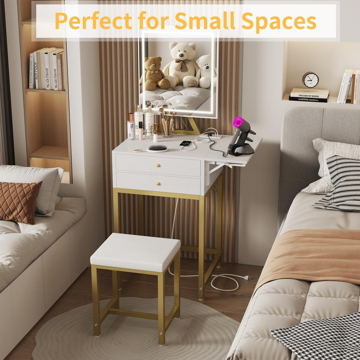KAI-ROAD Small Makeup Vanity Desk with Lights - White Girls Vanity Set with Mirror and Chair, Make Up Dresser Table with Drawers and Power Outlet for Bedroom Small Space, Gold KAI-ROAD