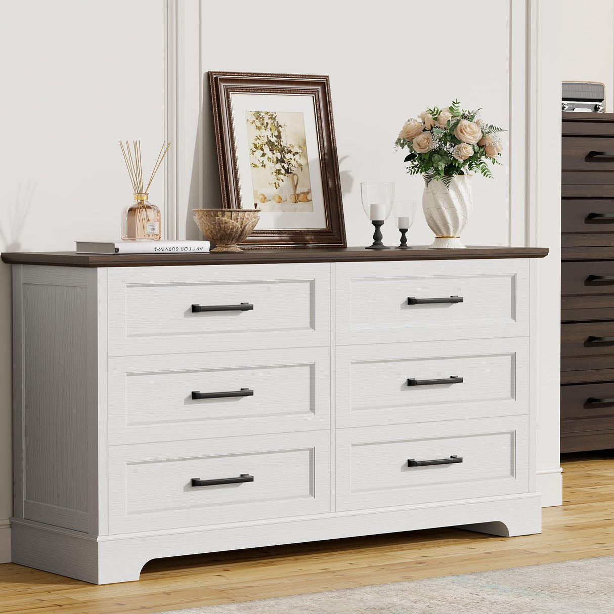 Furmax Farmhouse Dresser for Bedroom, 6 Drawers Dresser, Wood Chest of Drawers, 52" Wide Storage Dressers Organizer for Bedroom, Living Room, White and Brown Furmax