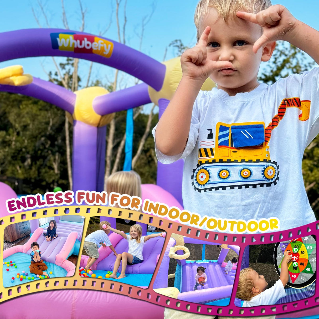 Inflatable Bounce House for Kids 3-6 with Water Slide Ball Pit Pool & 50 Ocean Balls, 5 in 1 Bouncy Castle w/ 6 Sticky Ball Dart Board Game, Basketball Hoop, Storage Bag & Blower Indoor Outdoor Party ROOJER