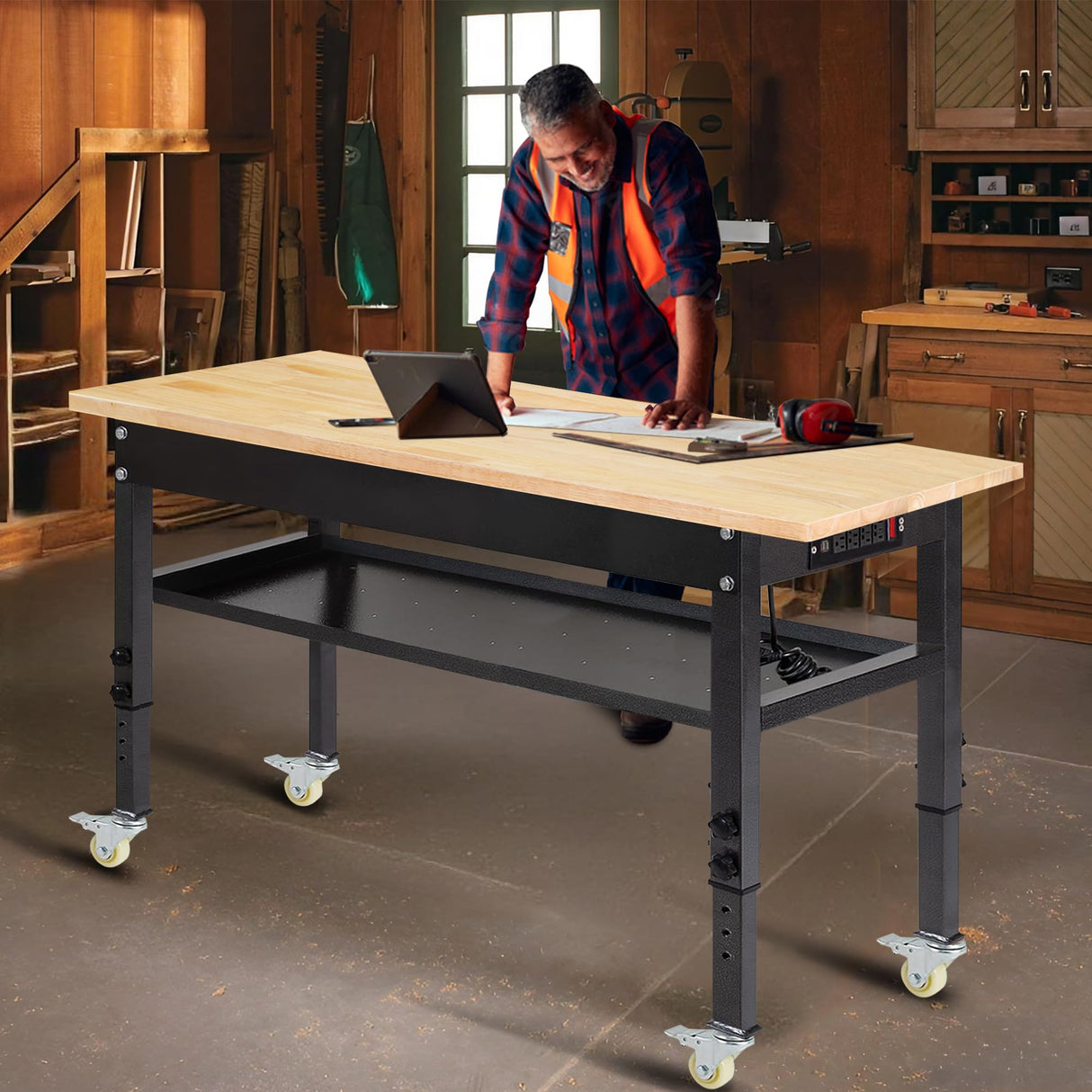 48"/60'' Adjustable Workbench, Rubber Wood Top Work Bench Heavy-Duty Work Table with Power Outlet, Wheels, Partition 2000 LBS Load Capacity Hardwood Work Benches for Garage, Workshop, Home, Office Polar Aurora