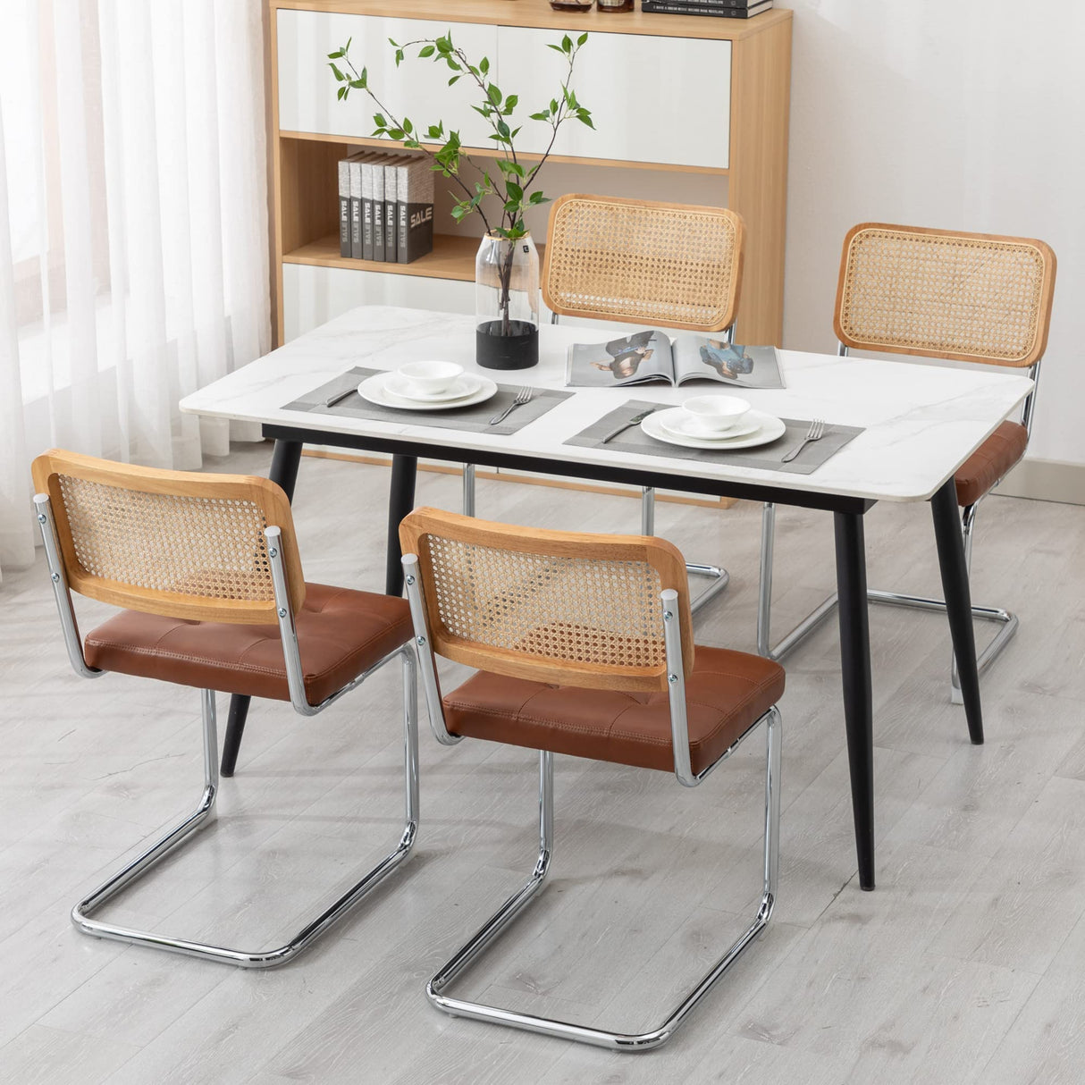 KCC Mid Century Modern Dining Chairs Set of 2, Faux Leather Rattan Dining Room Kitchen Side Chairs with Metal Legs and Upholstered Seat for Dining Room, Living Room, Bedroom,Brown KCC