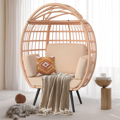 ZENPETIO Oversized Egg Chair, Indoor Outdoor Lounger with 4 UV Resistant Cushions, Storage Bag, All-Weather Wicker Egg Lounger Chair for Patio, Backyard, Living Room, 370lbs Capacity - Brown