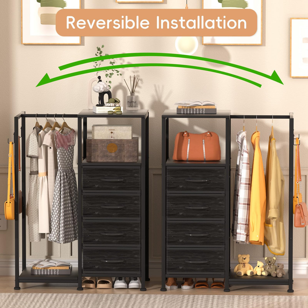 VERONLY Dresser with Hanging Rack, 4 Drawers Small Closet for Bedroom, Reversible Fabric Kids Chest of Drawers with Clothes Rack, Tall Storage Tower, Sturdy Frame, Black, 44''H VERONLY