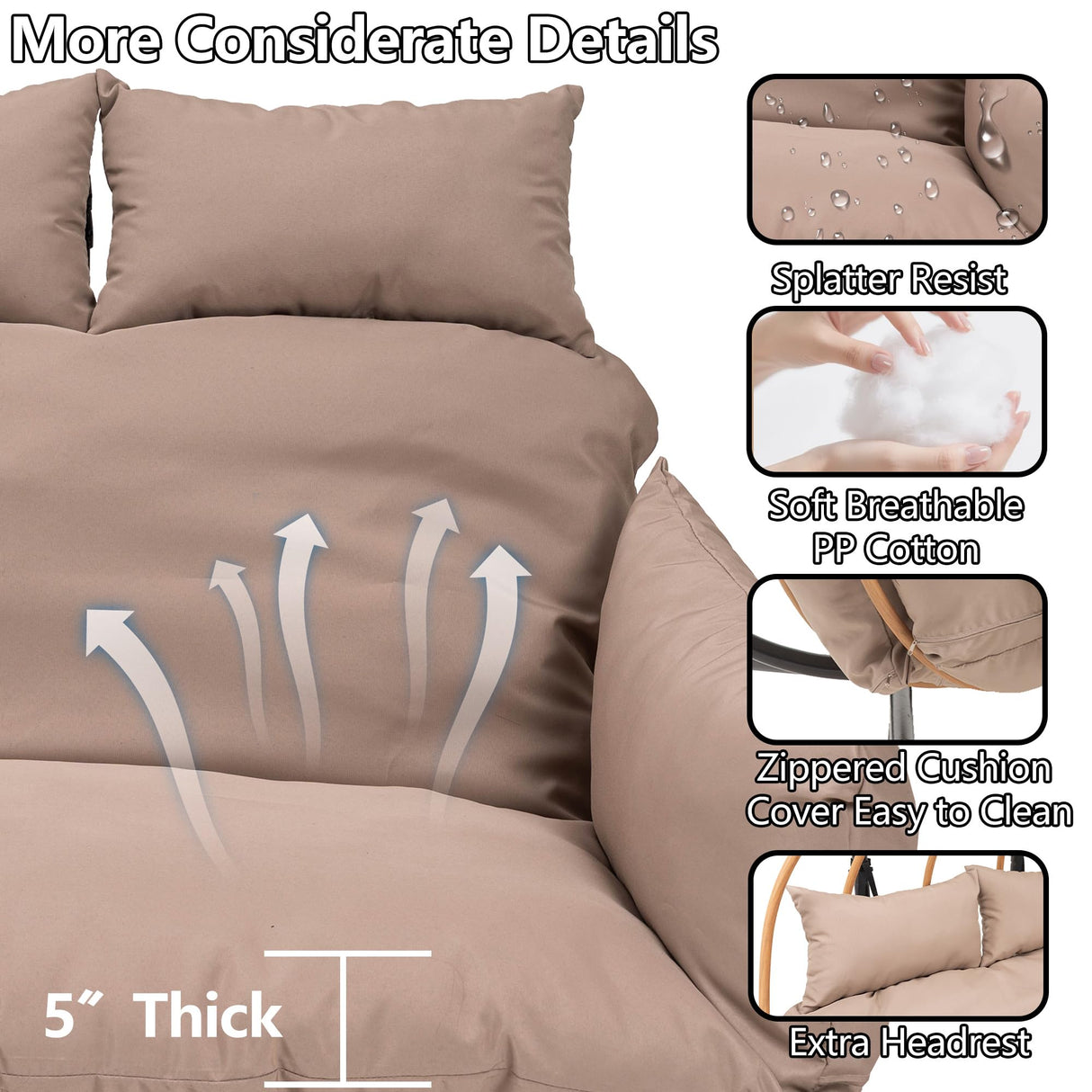 DAYARUS Double Egg Chair Outdoor, Egg Swing Chair with Stand, Hanging Egg Chair Outdoor with Cushions/Headrest, 80" H Hanging Chairs with Stand Indoor, Metal Basket Swing Egg Chairs for Deck, Khaki DAYARUS