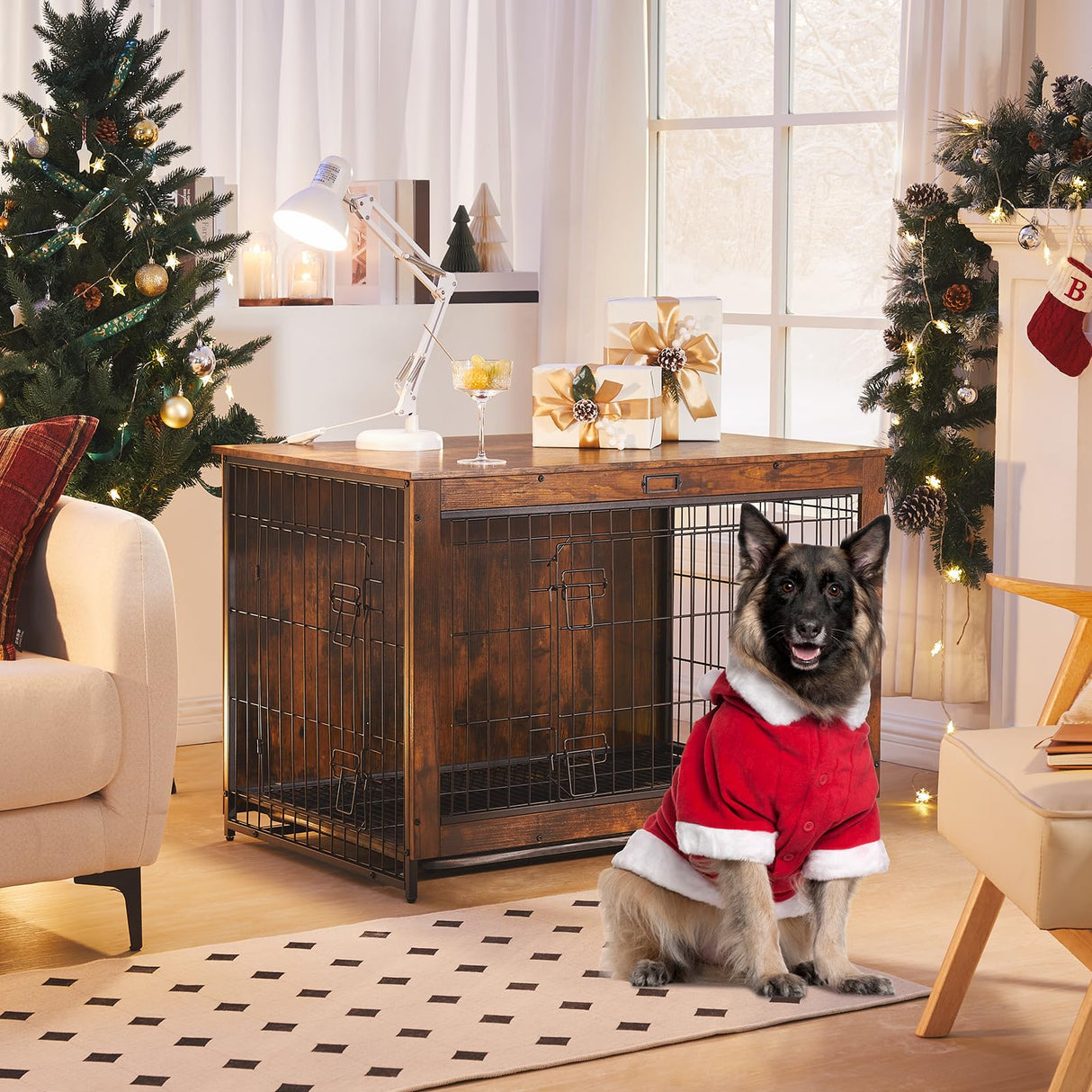 HOOBRO Dog Crate Furniture, Large Dog Kennel Indoor, 38.6" Wooden Pet Furniture with Pull-Out Tray, Double Door Modern Side End Table for HOOBRO