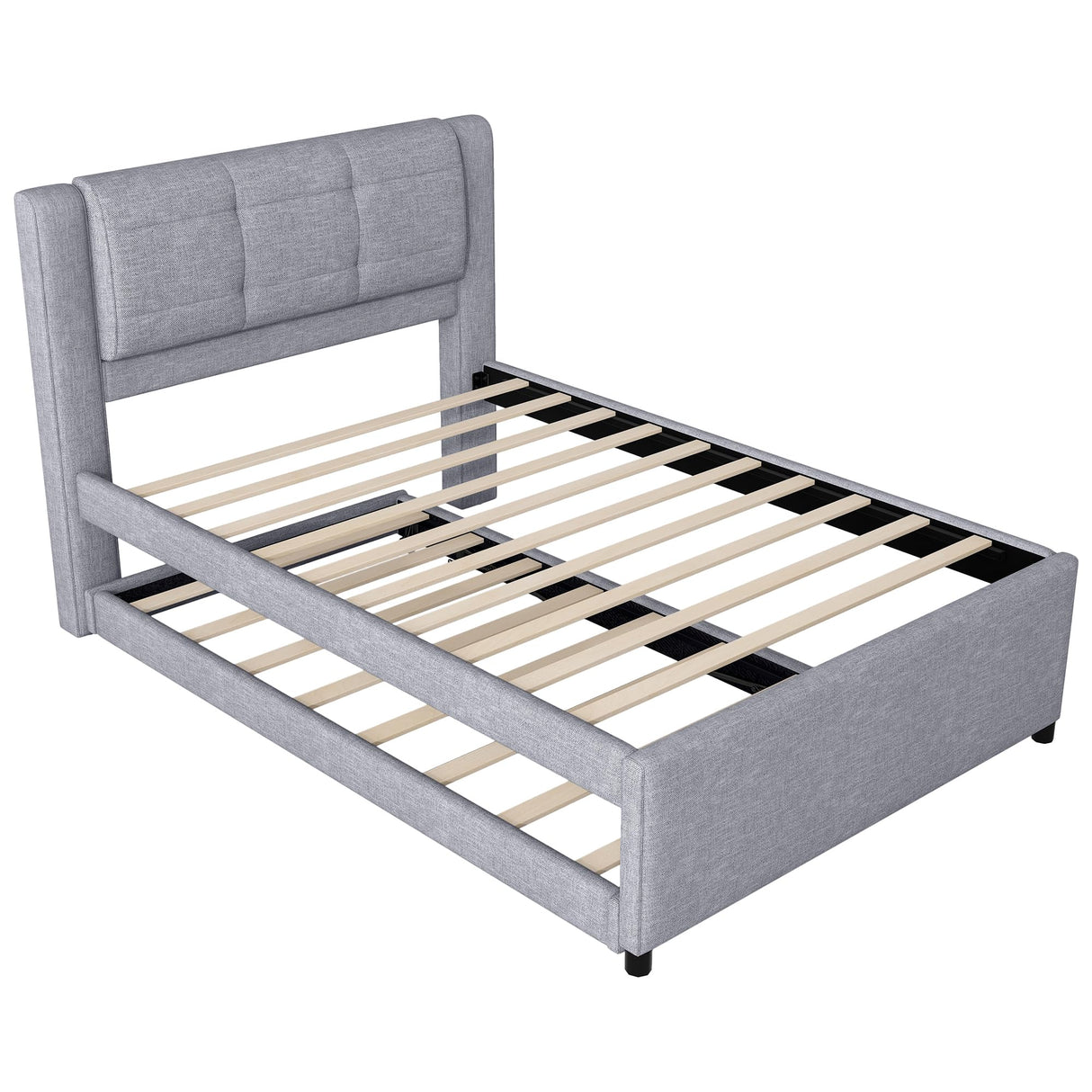 Merax Full Size Upholstery Platform Bed with Trundle,Trundle can be Flat or Erected, Modern Bed Frame with Linen Headboard for Kids, Adults, No Box Spring Needed, Gray Merax