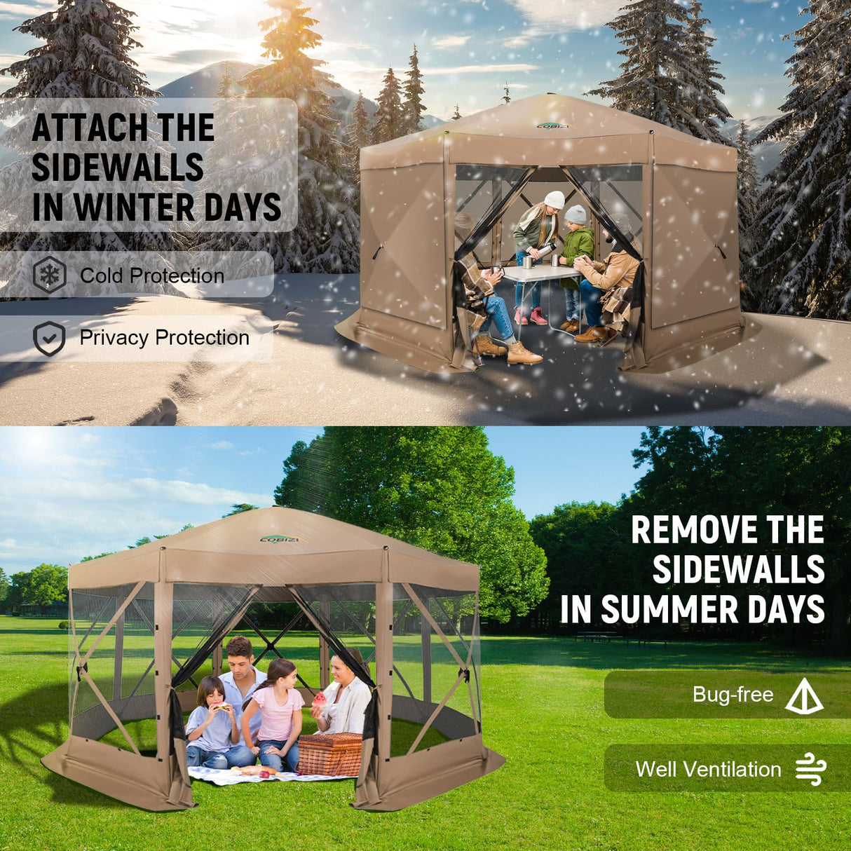 COBIZI 15x15ft Extra Large Pop-Up Gazebo Canopy Tent with Mosquito Netting, Spacious Easy Set-Up Screened Shelter, Durable Outdoor Pavilion with Ground Stakes, Perfect for Patio, Backyard, and Lawn COBIZI